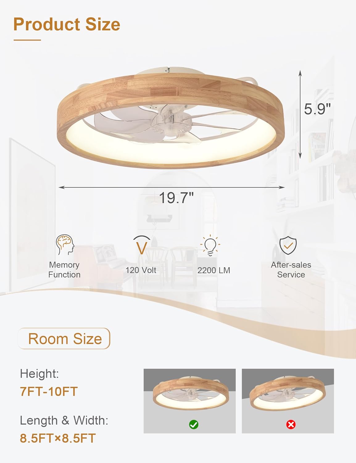 20'' Low Profile Ceiling Fans with Lights Modern Flush Mount Wood Ceiling Fan and Remote Dimmable LED