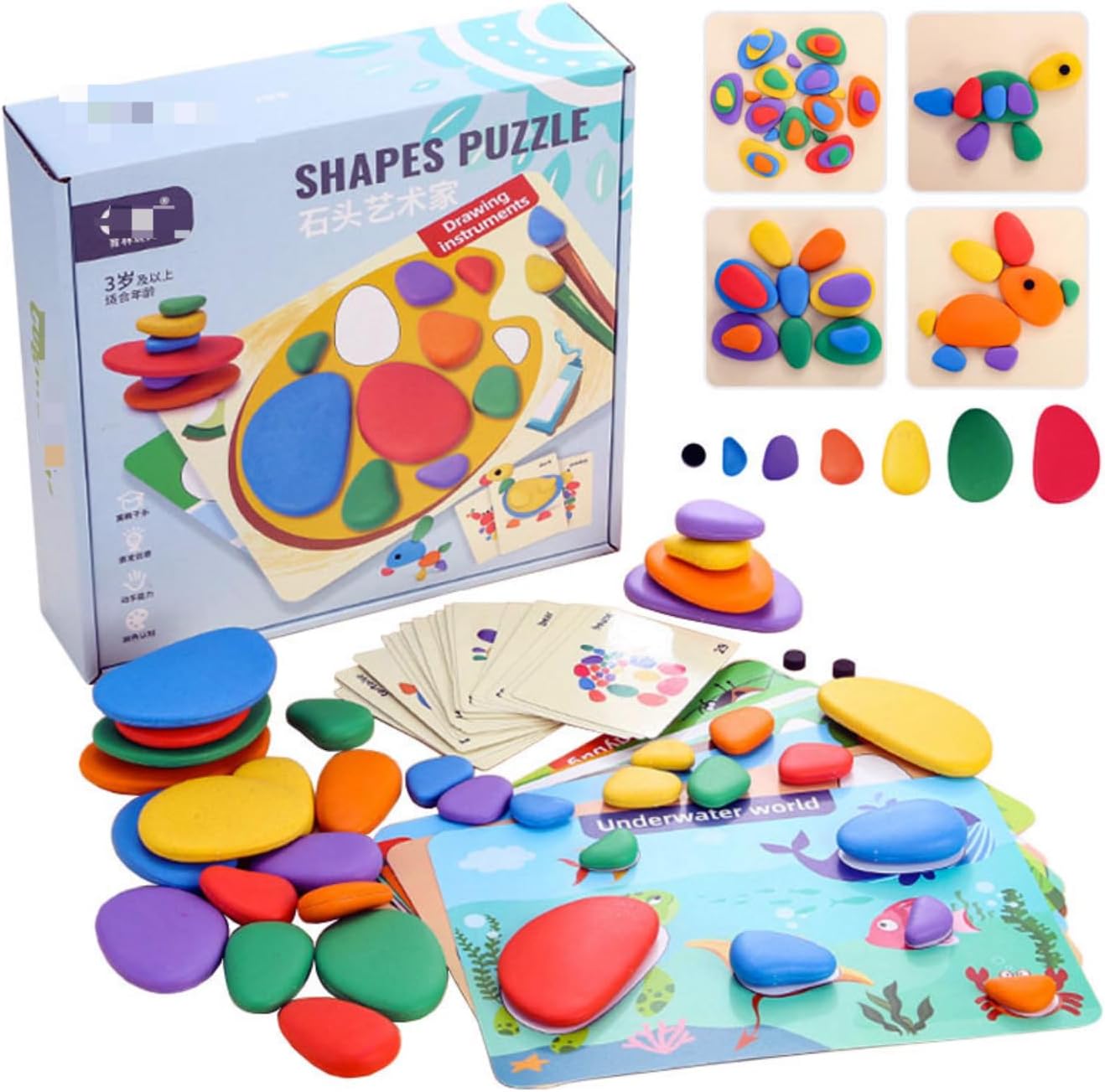 Children 3D Puzzle Montessori Colour Pebble Stacking Stone Painting Toys Colour Pebbles Logical Thinking Game Parish Painting Sensory Learning Toys Graphic Color Cognition (98PCS)