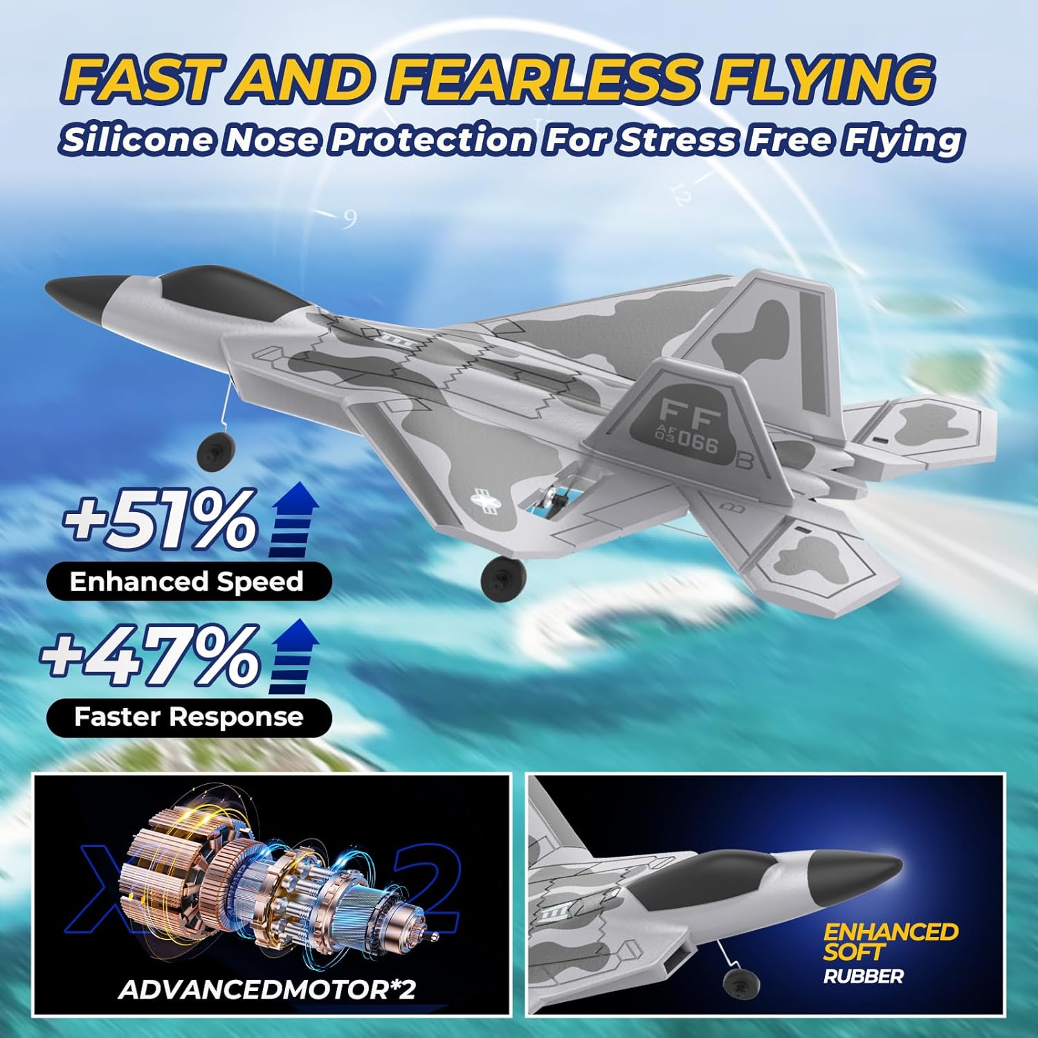 F22 Remote Control Airplane 4 Channel with Lights, 2.4G RC Fighter Plane with 6-axis Gyro Stabilizer for Beginner, RTF RC Plane 2 Batteries 37min Flight Time - 19in*14in