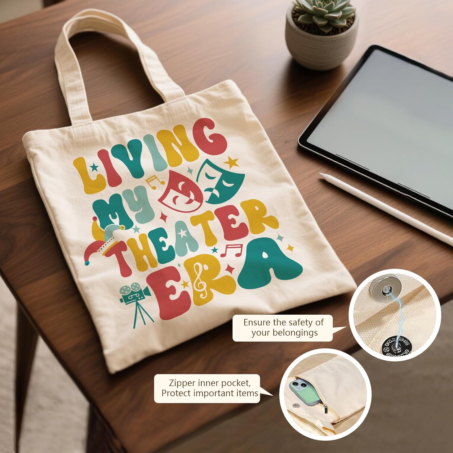Aesthetic Canvas Tote Bag for Women - with Magnetic Snap Closure & Zipper Inner Pocket Reusable Bag for Shopping - Image 5