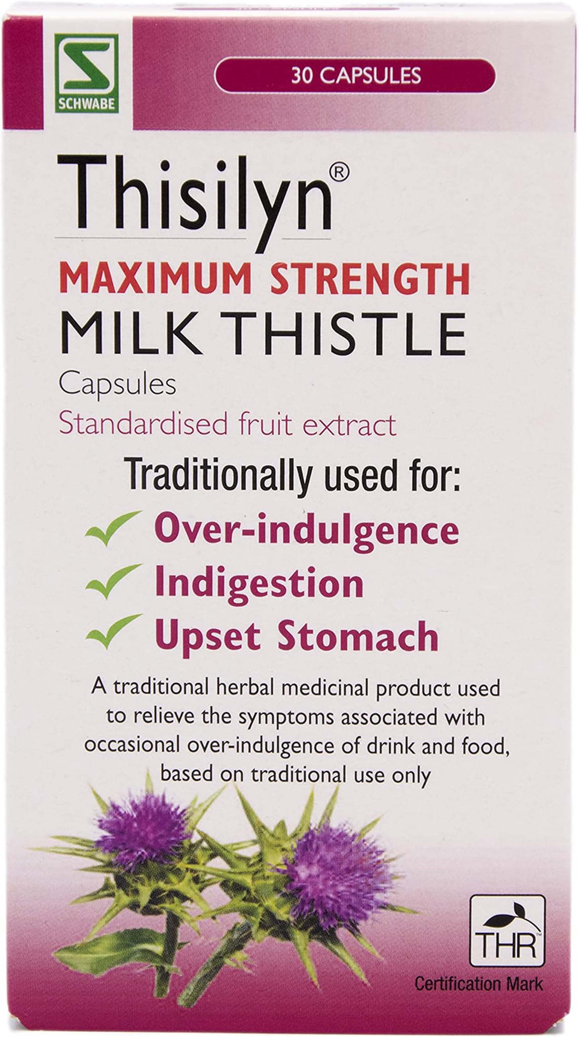 High Strength Milk Thistle - Thisilyn Maximum Strength - Traditionally Used for Relief of Overindulgence, Indigestion, Upset Stomach - Traditional Herbal Medicinal Product - 30 Capsules