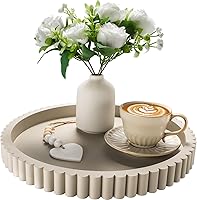 KULEDM Handmade 12in Gray Wooden Round Decorative Tray for Coffee Table, Living Room, Entryway - Fluted Elegant Centerpiece
