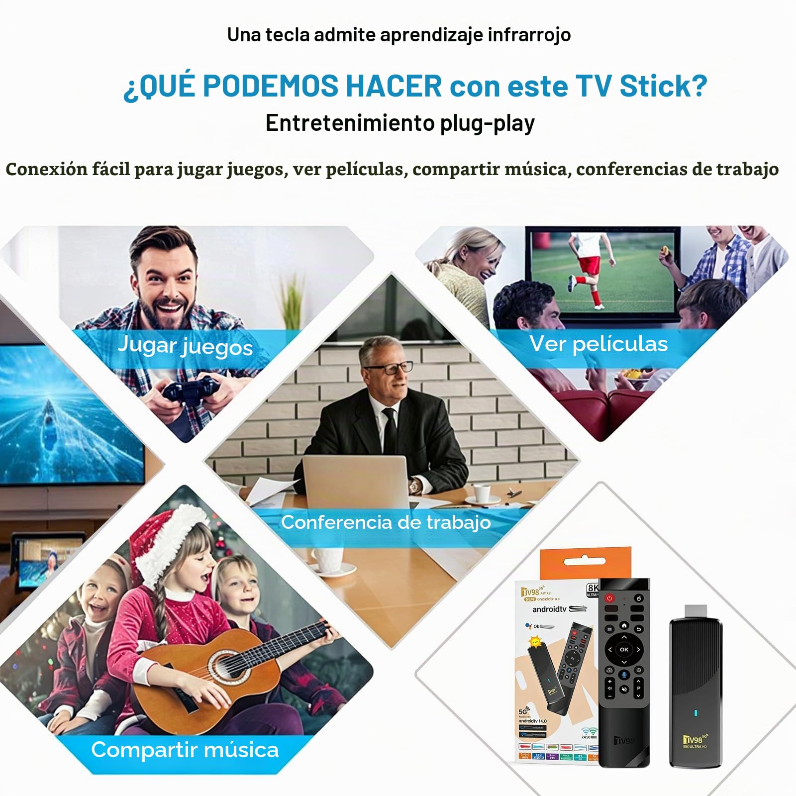Streaming Android 14.0 TV Stick soporta 2.4G/5G Wi-Fi Bluetooth