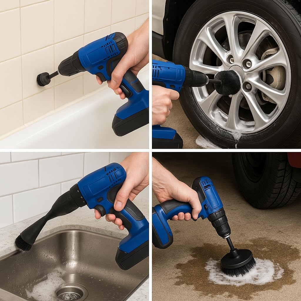 Diamond Shine 5-Piece Firm Bristle Drill Brush Set with 6” Extension Rod – Black Nylon Power Scrubber, 2-5 Inch Heads for Tile, Grout, Tubs & Outdoor Cleaning image 5