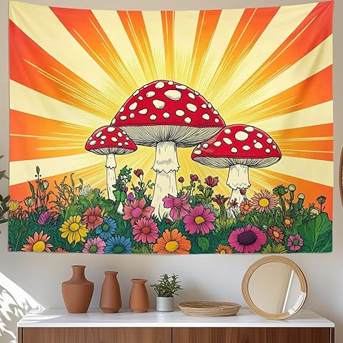 Large Mushroom Tapestry Boho Retro Sun Tapestries Vintage Aesthetic Wall Decor Colorful Floral Tapestry for Bedroom
