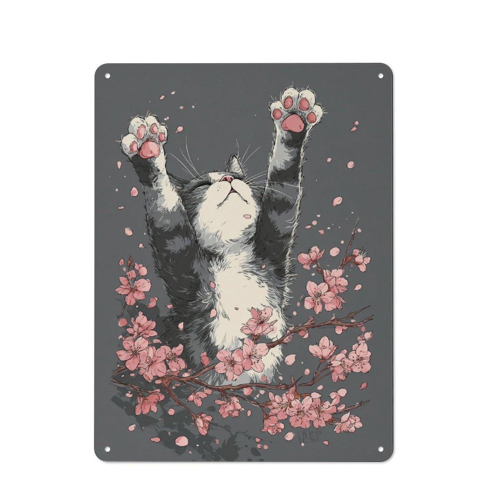 Junmoney Cherry Blossom Cat -1 Rustic Tin Sign 40X30cm, Vintage Porch Wall Decor For Conservatory, Home Bar Or Utility Room