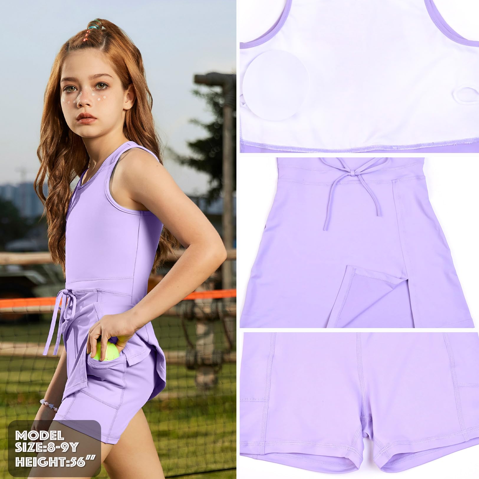 Ärmelloses Tenniskleid für Mädchen, Tank-Top, Skorts, Röcke, hohe Taille, Seitenschlitz, Outfit, athletische Sets mit Shorts und Taschen
