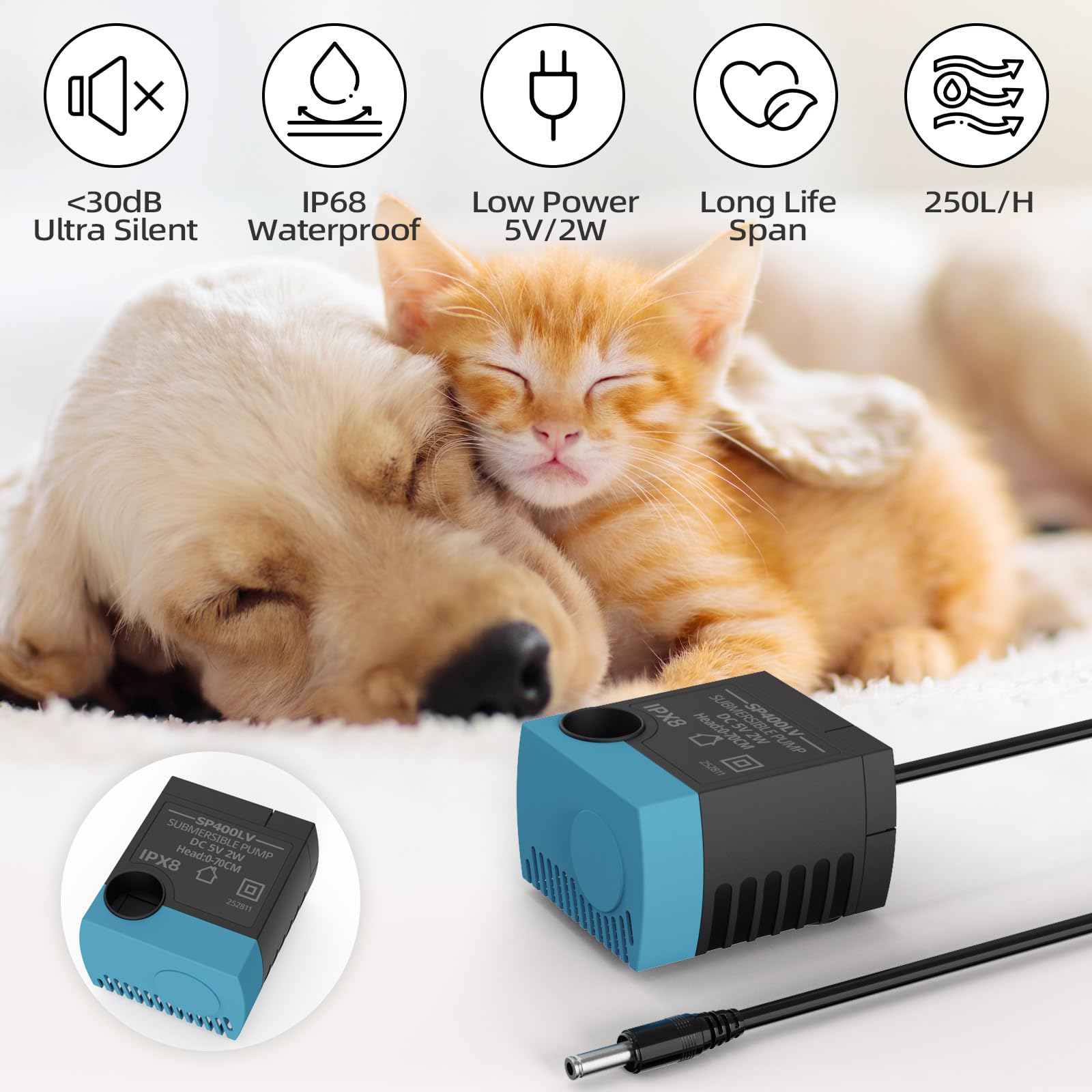 SP-400LV Cat Water Fountain Pump, USB Replacement Pump for Pet Fountains, Quiet Low Voltage, Safe & Easy to Clean,Compatible with Ceramic, Butterfly,Stainless Steel and 360 Dog & Cat Water Dispensers - image 2