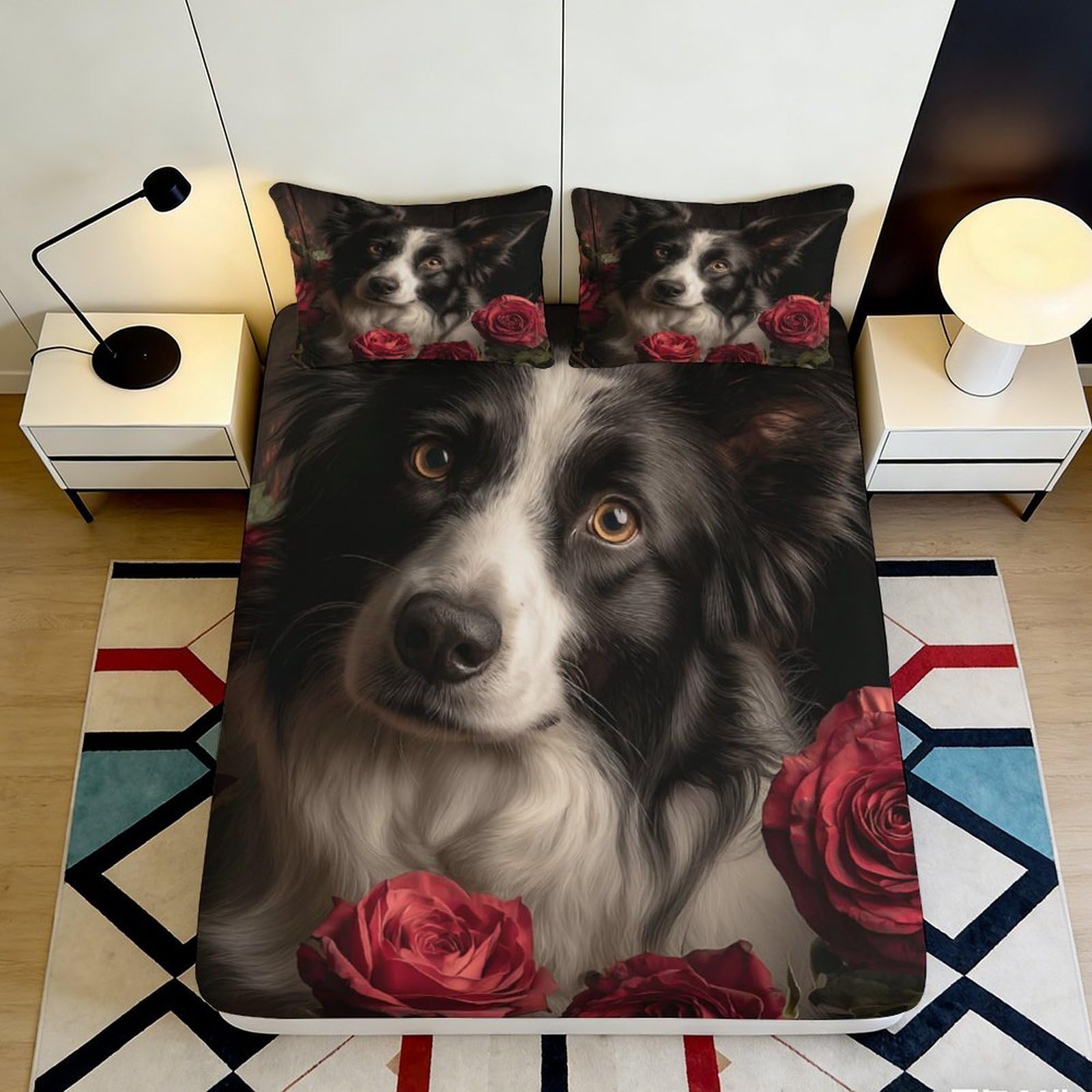 3D Printed Border Collie Rose Fitted Sheet Microfiber Soft Bed Sheet for Bedroom Dorm Decorative Mattress Cover 90x200x25cm