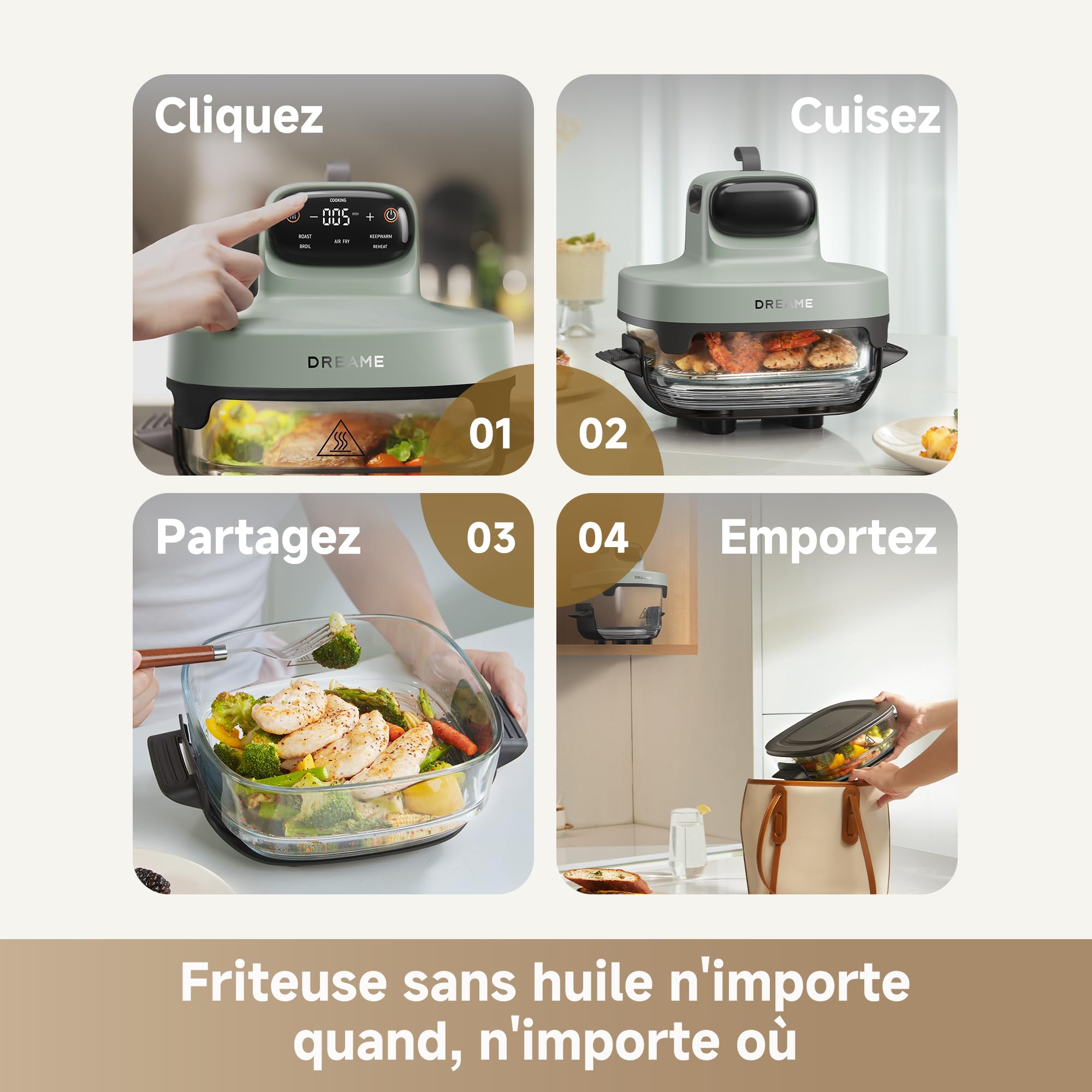 DREAME Tasti Friteuse à air en verre portable 5 en 1, 2,5 L + 4,5 L | 2 cuves, cuisson sans huile, rôtir, griller, réchauffer, maintien au chaud, verre résistant, vue à 360°