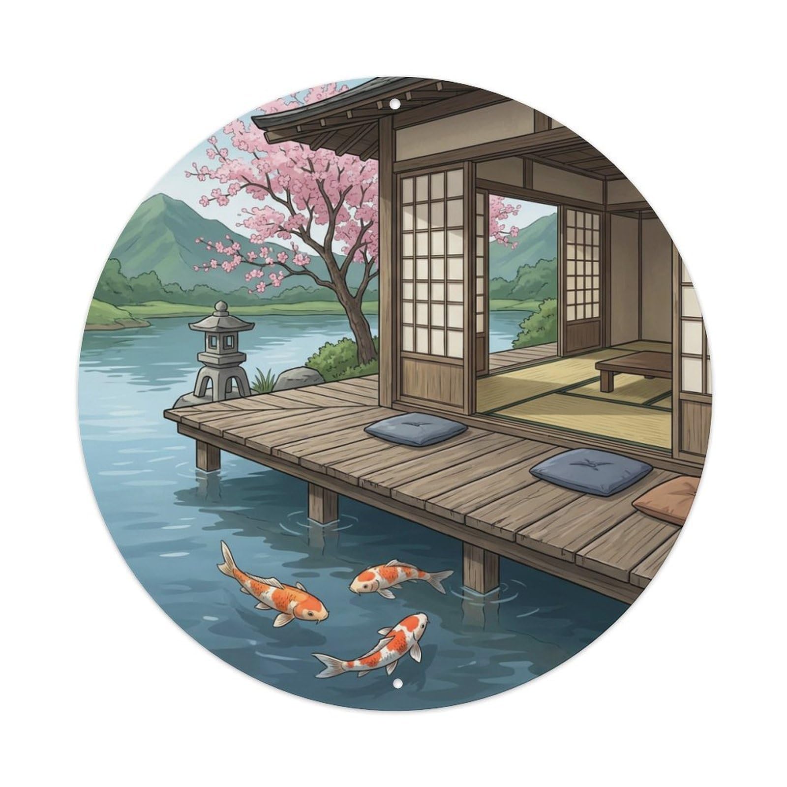 Galvaxio Style Japanese Koi Fish Wooden Deck Peaceful View Metal Tin Sign
