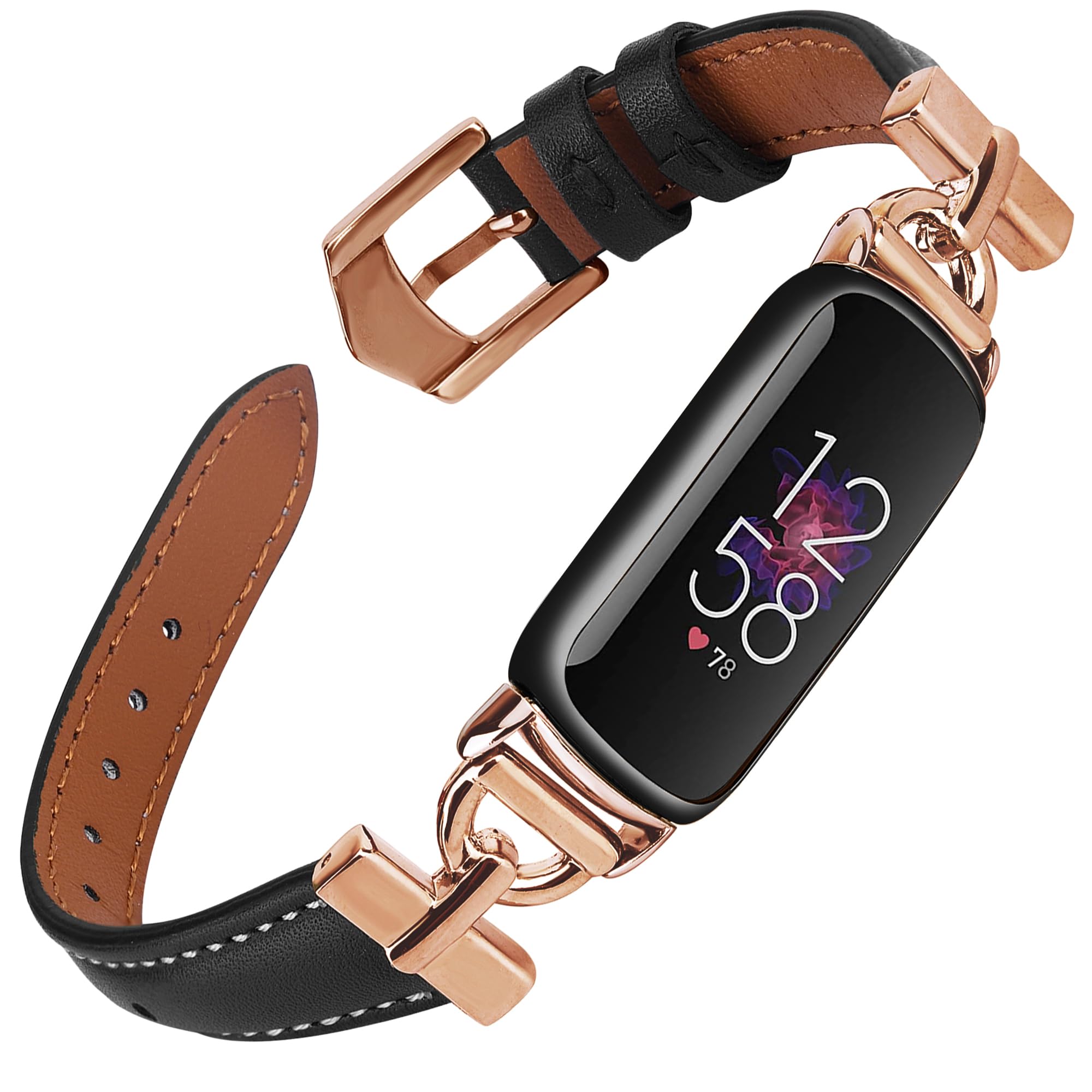 Unique D-shape Metal Buckle Bands Compatible with Fitbit Luxe for Women - Top Grain Leather Strap for Luxe/Special Edition Fitness Tracker (Rose Gold/Black)