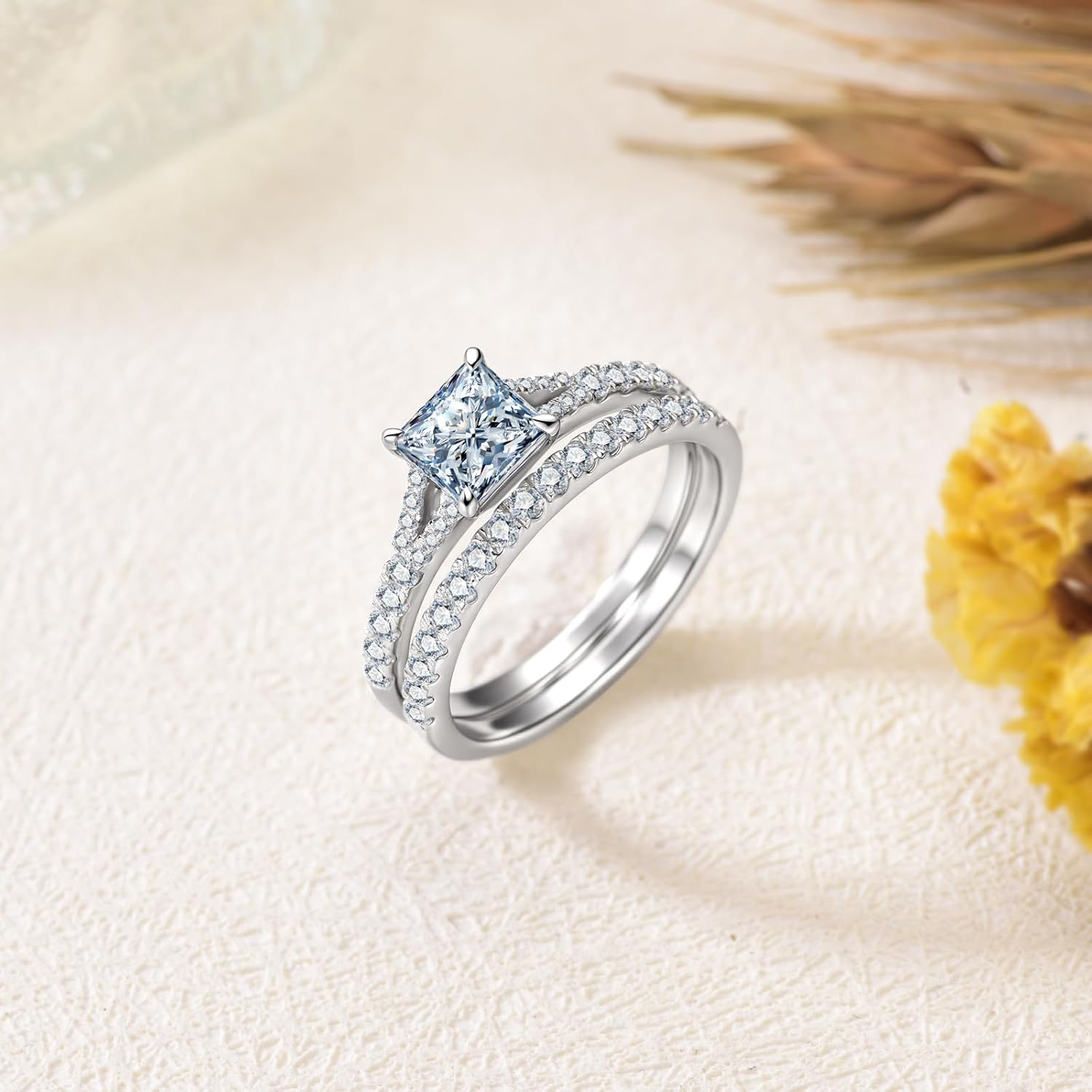1-1/2 Carats Princess-Cut Moissanite Wedding Ring Set Bridal Sets GRA Certified, S925 Split Shank Engagement Ring Sets for Women Platinum Plated Silver Jewelry Gift for Anniversary Wedding Birthday