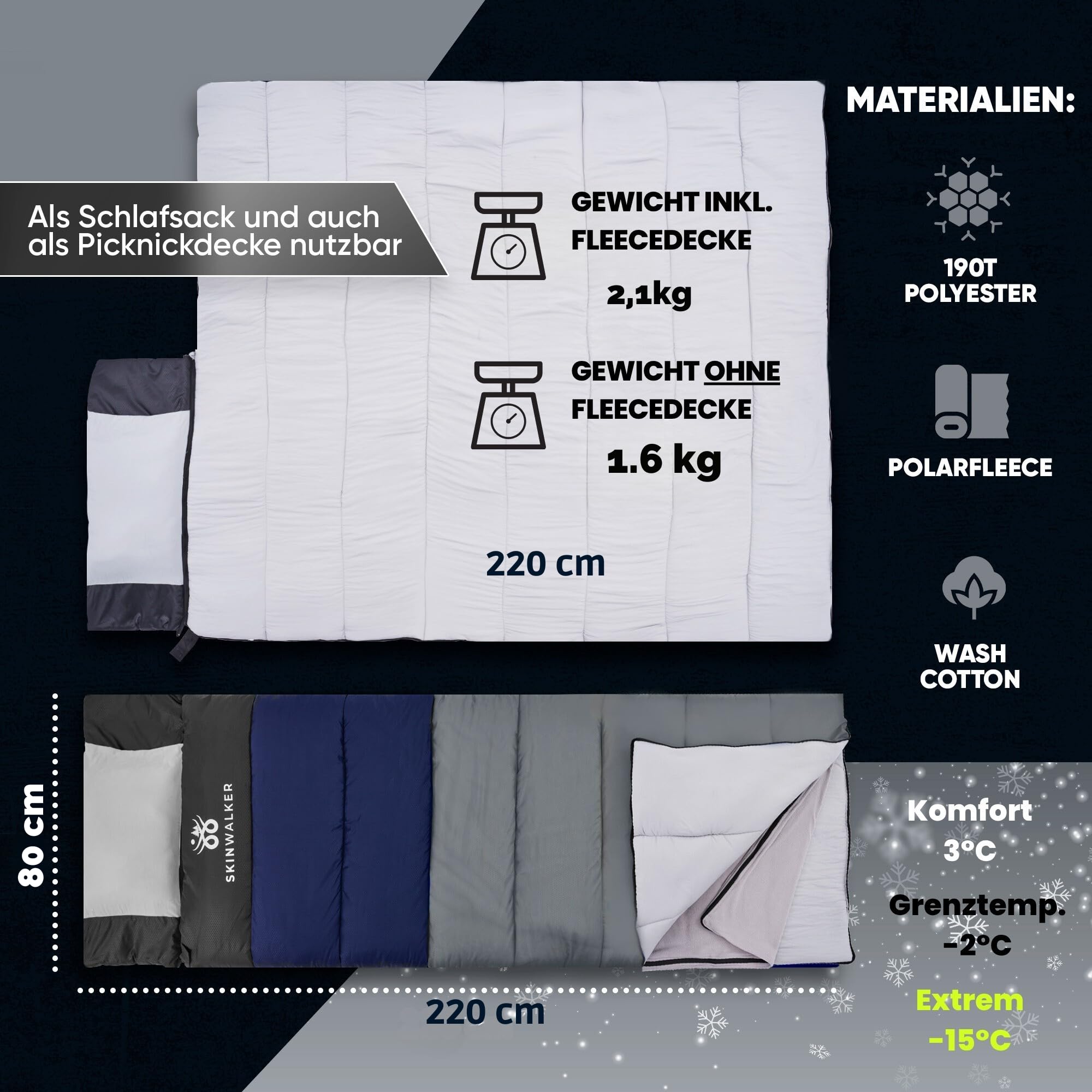 SkinWalker Saco de dormir para 4 estaciones, verano e invierno, -5 °C -20 °C, resistente al agua, [acolchado integrado para la cabeza + manta para exteriores] Tecnología Airflow para camping, viajes,