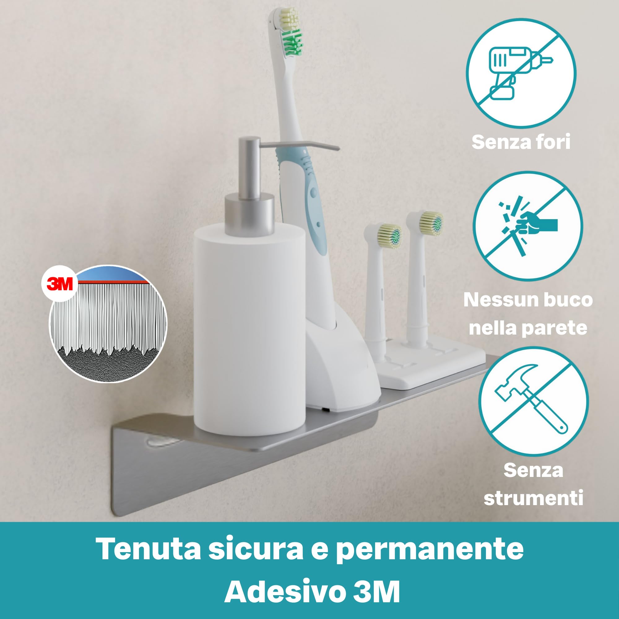 WEISSENSTEIN Mensola bagno adesiva da muro 24 cm Rettangolare Acciaio inox
