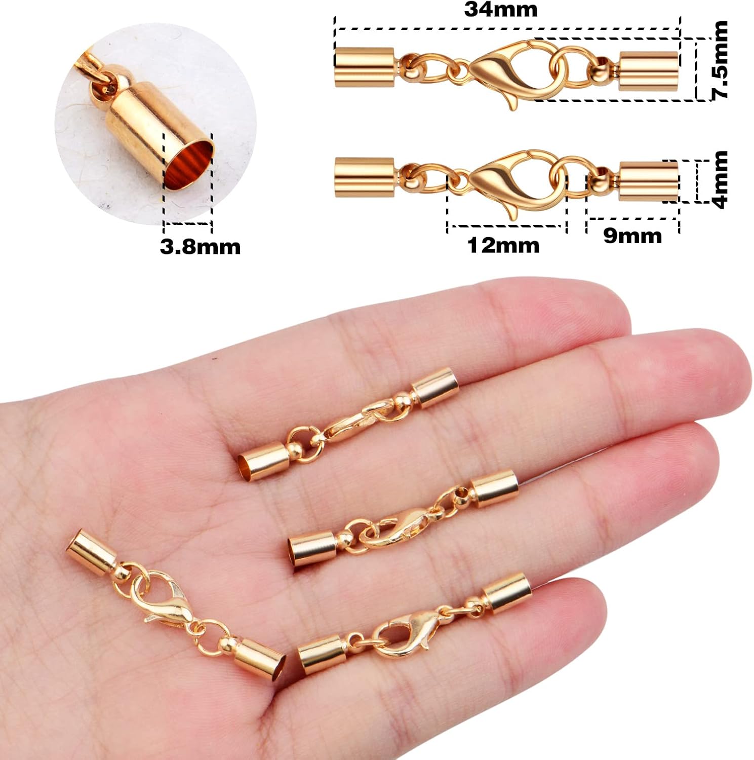 20 Pieces Alloy Leather Cord End Caps with Lobster Clasp Connectors for DIY Necklace Bracelet Crafts Jewelry Making,34x7.5mm,3.8mm Inner Diameter(Golden)