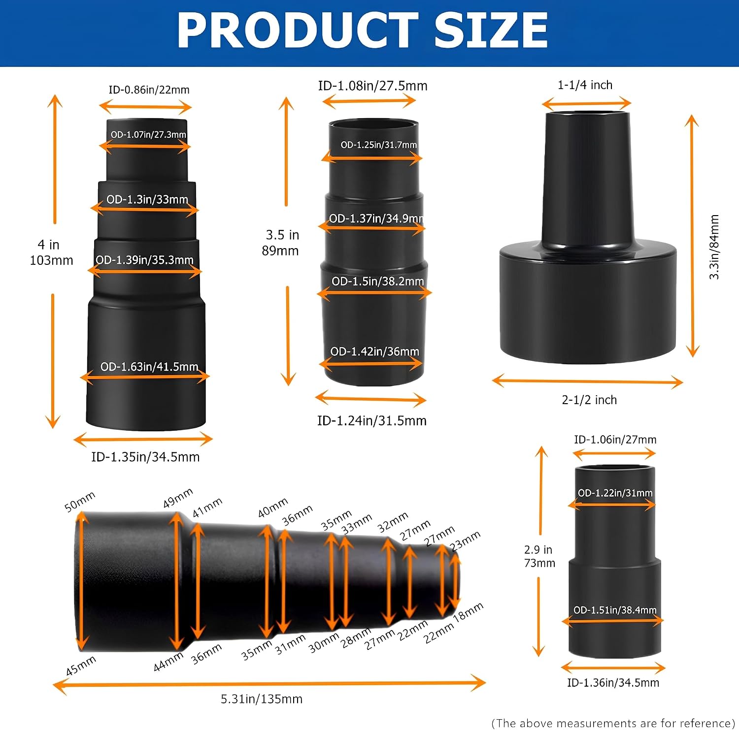 5 Pcs Vacuum Hose Adapter Universal Vacuum Adapter Kit for Dry Wet Shop Vacs- 2-1/2 to 1-1/4 Inch; 1-1/4 to 1-3/8 to 1-1/2 Inch; 1-3/8 to 1-1/4 Inch image 2