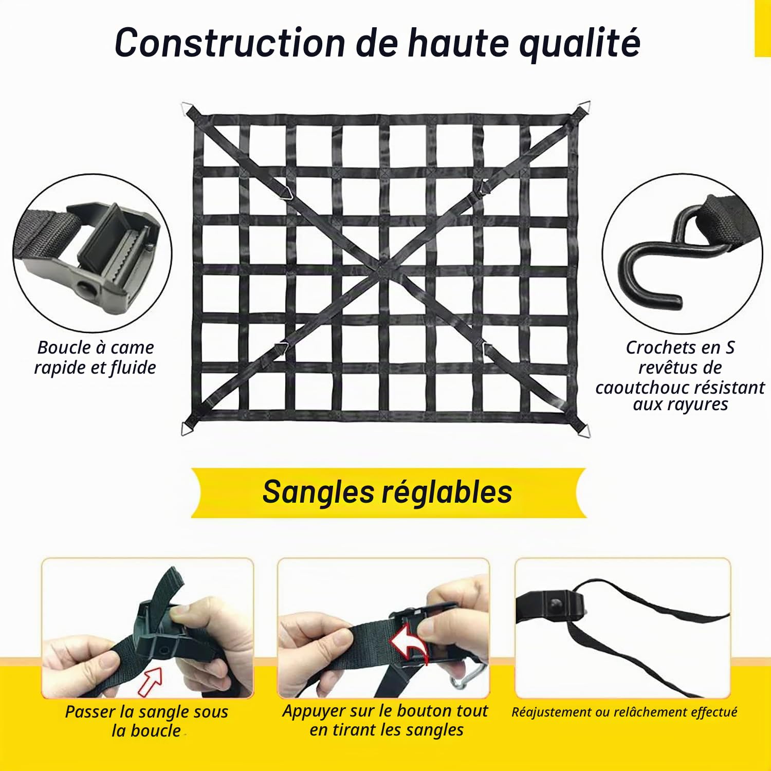 Filet à Bagages pour Pick-Up, Filet Remorque, Filet de Fret Réglable Filet de Chargement Organisateur pour Hayon, Camion, Remorque, avec 4 Sangles Fixes, 167 Cm x 127 Cm