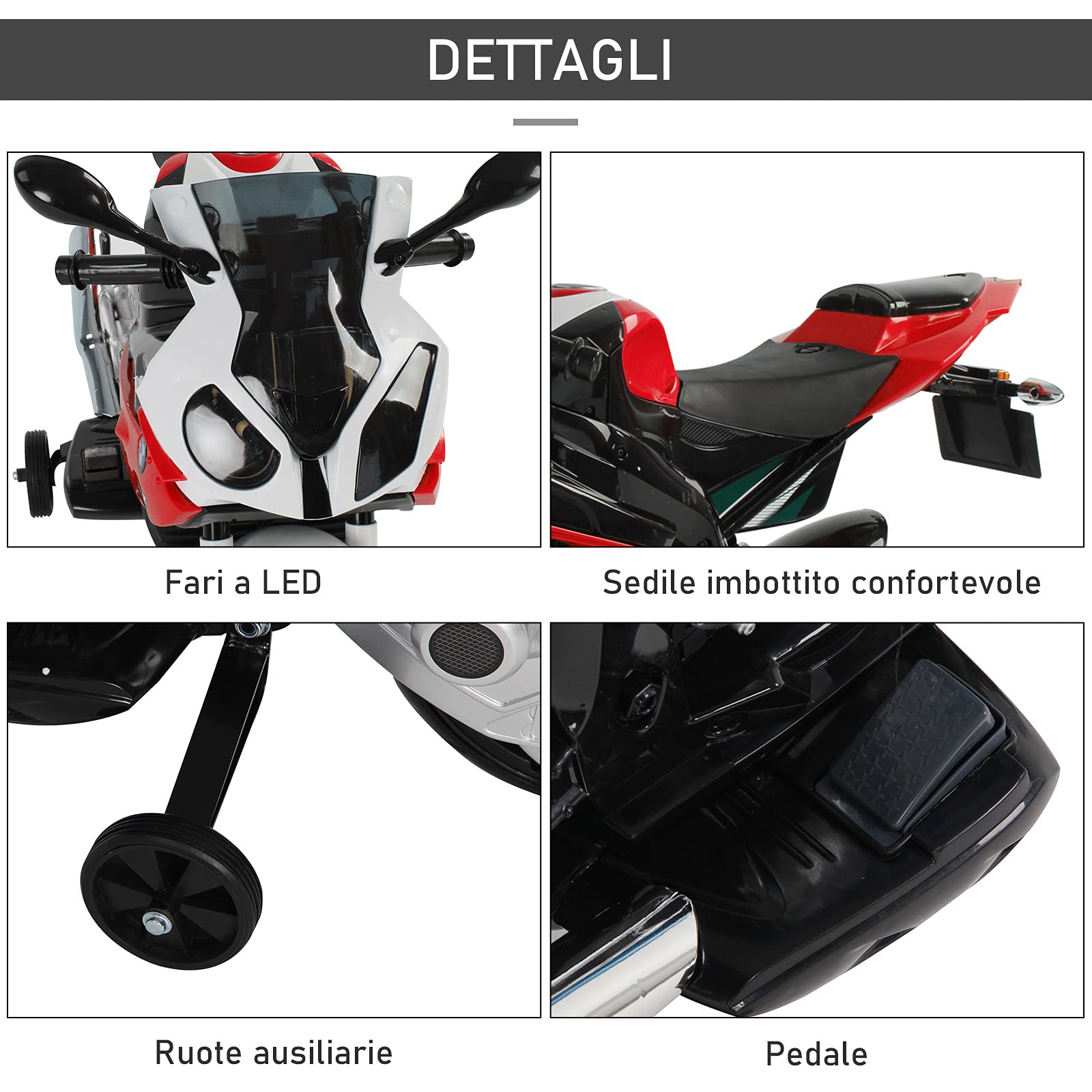 HOMCOM Moto Elettrica per Bambini 3-8 Anni con Licenza BMW, Velocità 2.5-5Km/h, Motocicletta Elettrica con Batteria 12V, Rotelle e Luci, 110x47x69 cm, Nero e Rosso