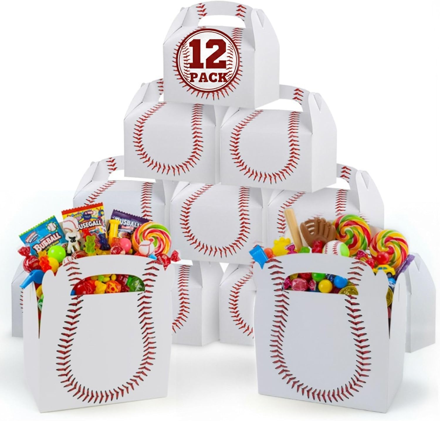 ArtCreativity Baseball Party Favors, Pack of 12 Cardboard Gift Box with Handles, Goodie Gift Bags Treat Boxes for Candy, Cookies, & Toys, Team Baseball Snack Bag, Sports Themed Birthday Bulk Supplies