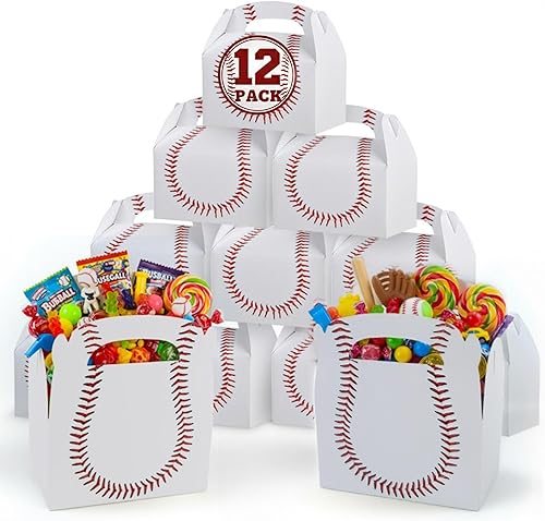 ArtCreativity Recuerdos de fiesta de béisbol, paquete de 12 cajas de regalo de cartón con asas, bolsas de regalo para dulces, galletas y juguetes,
