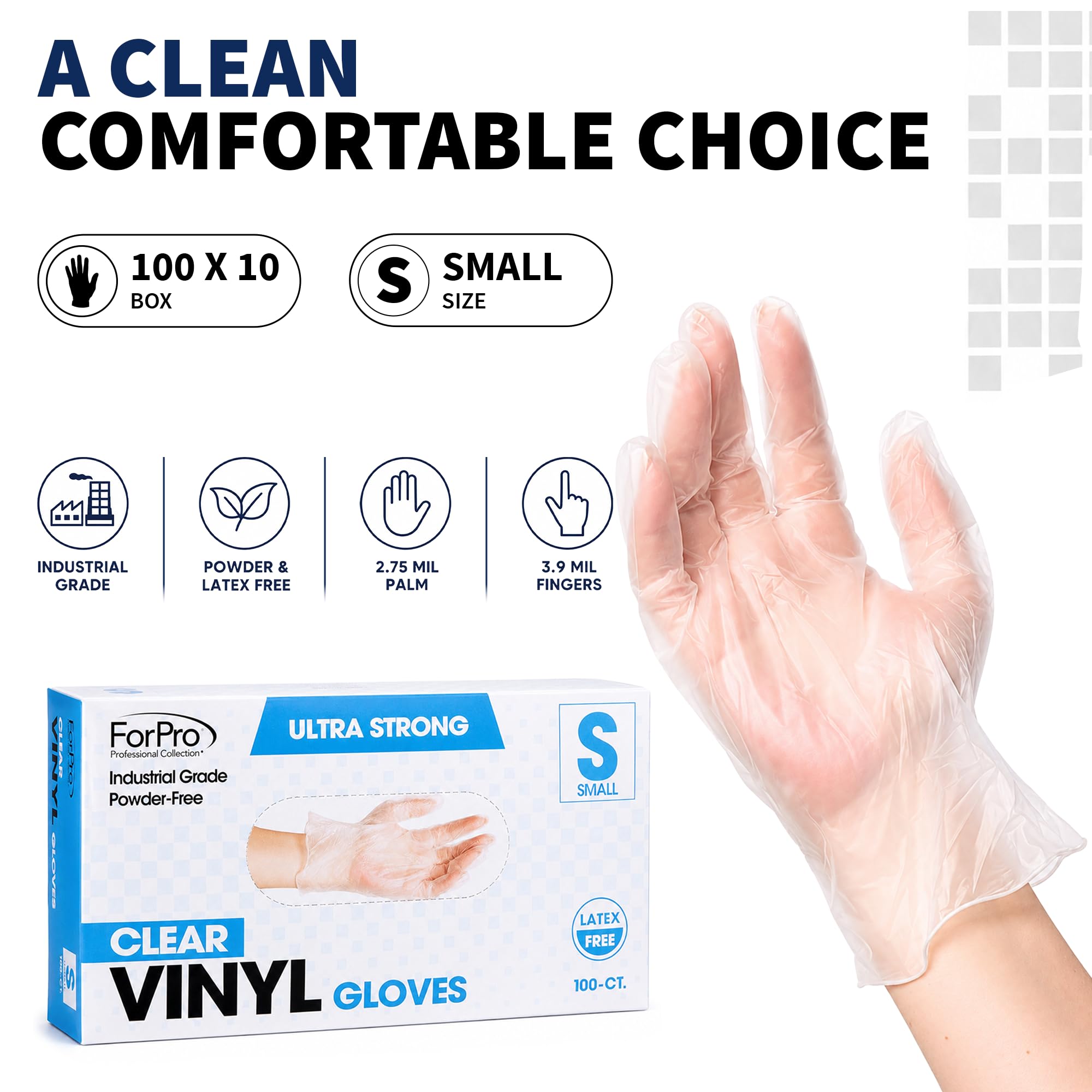 ForPro - Guantes de vinilo desechables, transparentes, grado industrial, sin polvo, sin látex, no estériles, aptos para alimentos, 2.75 mil. Palma, 3.9 mil. dedos, pequeños, 100 unidades (paquete de