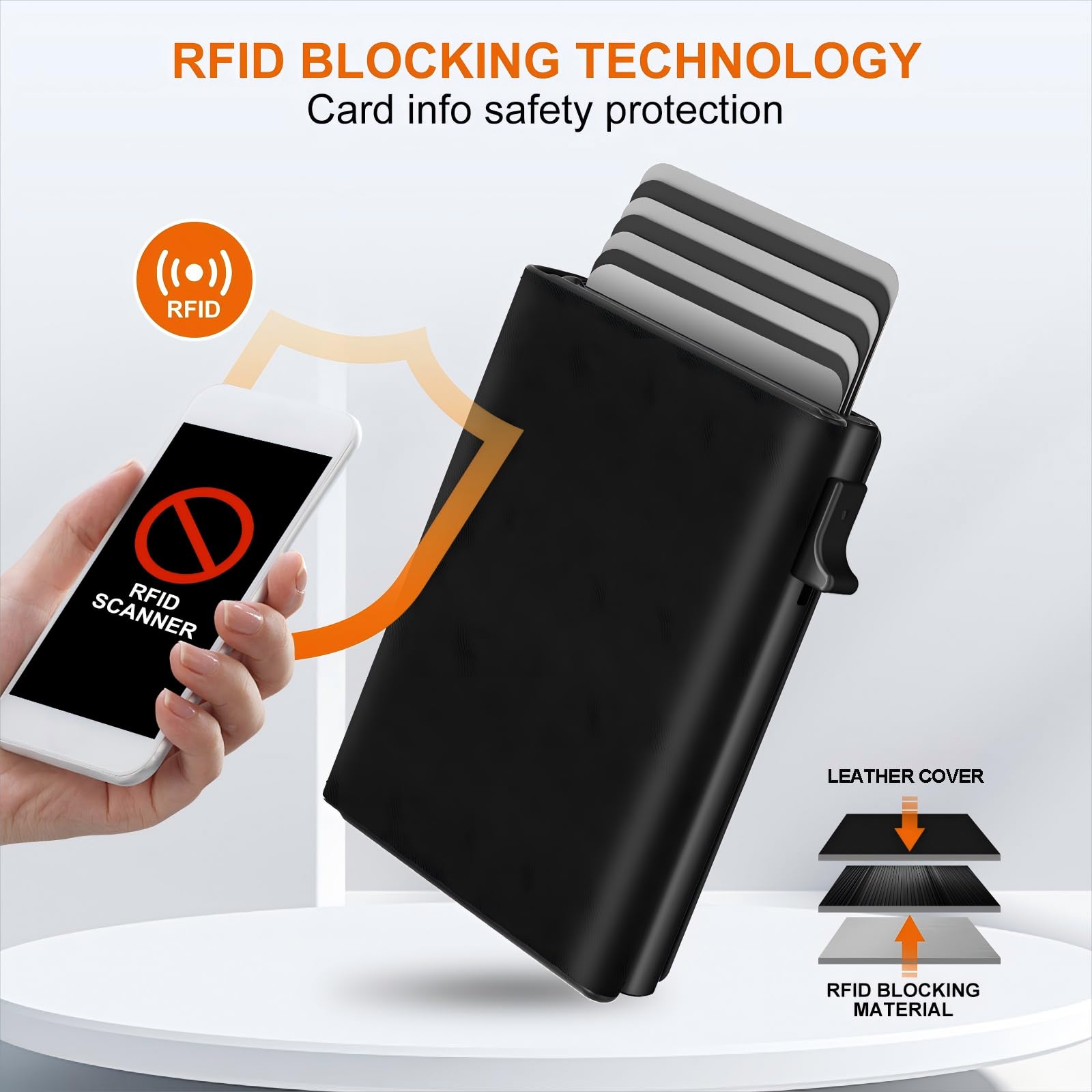 Tarjetero para hombre, funda de aluminio desplegable, cuero de grano superior, billetera inteligente para hombres, bloqueo RFID, delgada, minimalista, bolsillo frontal, capacidad de 9 a 14 5