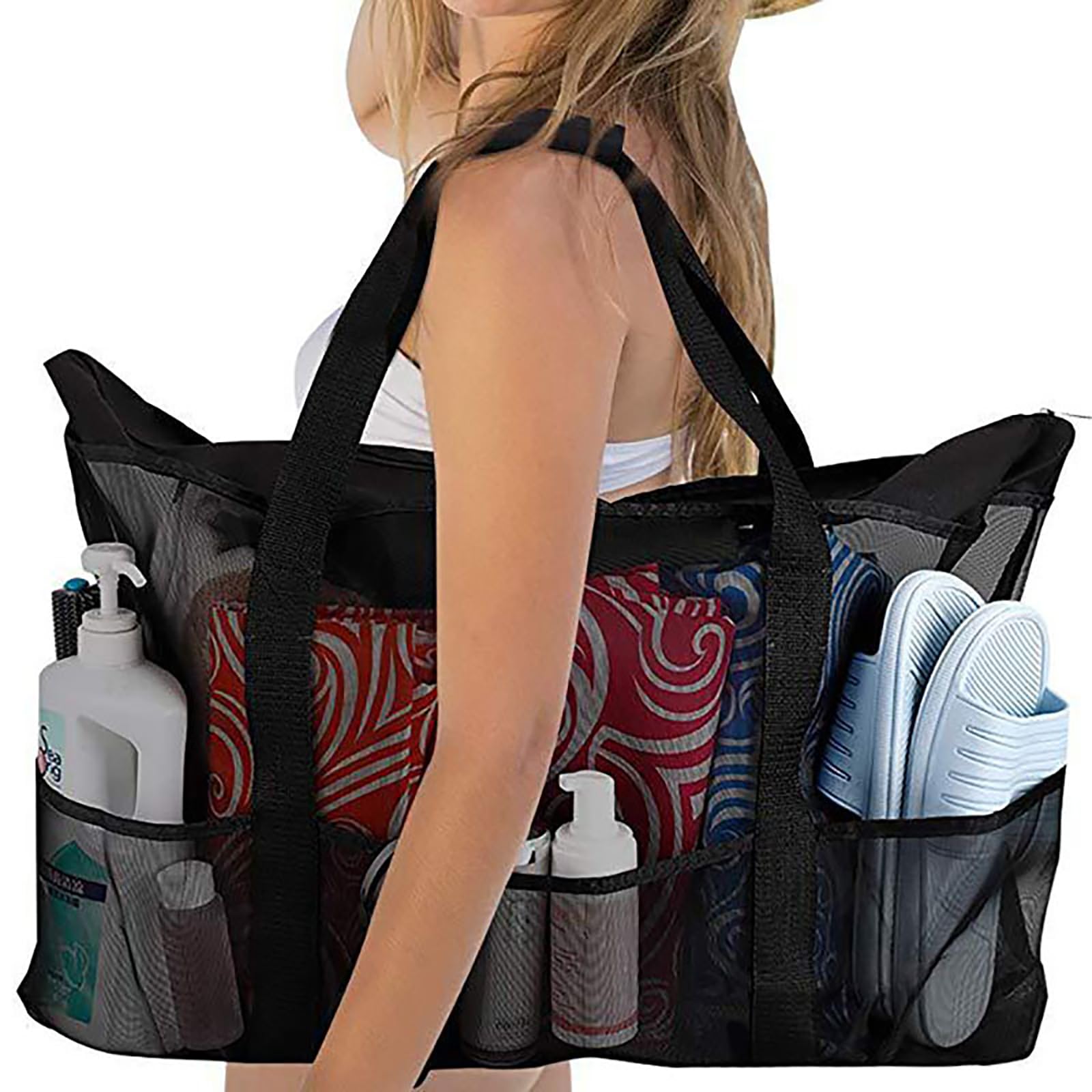 JOSBY Borsa da Spiaggia Extra Large in Rete, Borsa Hobo Pieghevole Riutilizzabile Leggera di Grande capacità con Tasca con Cerniera per Picnic, Vacanze in Piscina, Nuoto