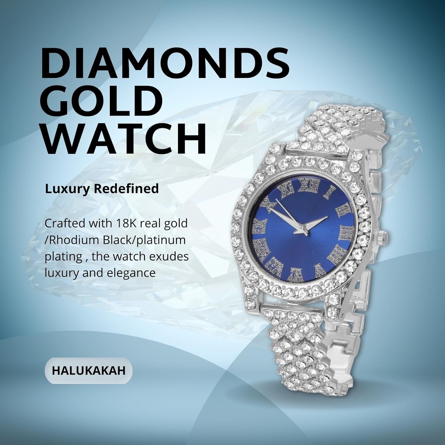 Halukakah Diamonds Watch Iced Out for Boy Teens - 18K Real Gold/Platinum Plated - 36mm Green/Blue/Red Dial - 8" Length - Optional with Cuban Link Chain, with Watch Adjuster Tool - Goldfoil Giftbox