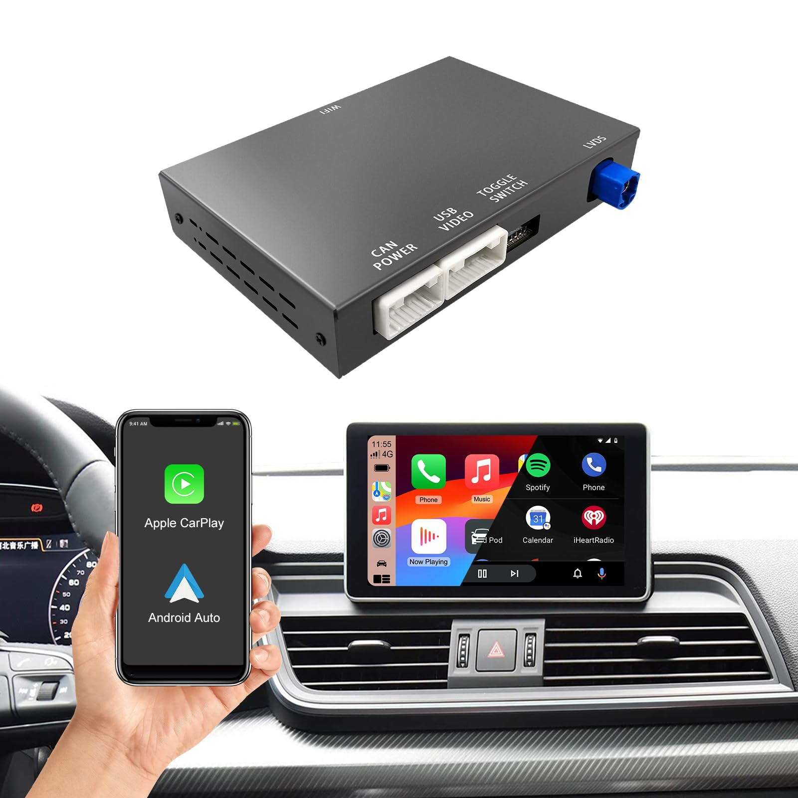 Kit Decoder Wireless CarPlay per Audi MIB/MMI 2014-2022 Schermo 7/8.8 | Supporta Android Auto Mirror Link navigazione GPS Bluetooth controllo volante per A3 A4 A5 A6 A7 Q2L Q5L Q7 Plug and Play