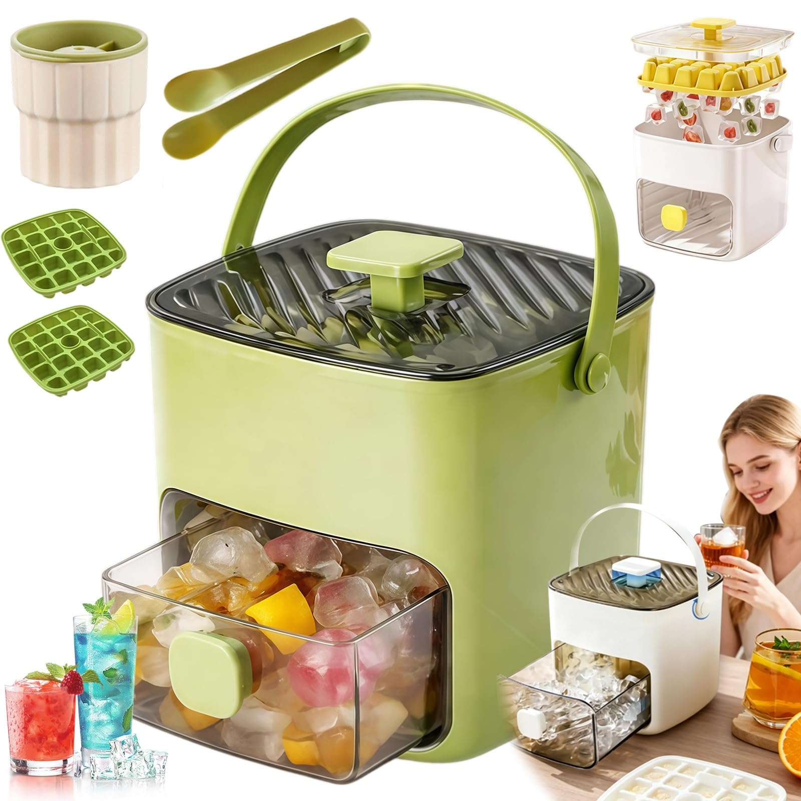 2026 Neu Clear Ice Maker, Tragbarer Eisbereiter mit Deckel und Aufbewahrungsbox 48 Eiswürfel, Eiswürfelbehälter, Ice Cube Tray, Eiswürfelentnahme per Knopfdruck, Eis Immer Griffbereit(B)