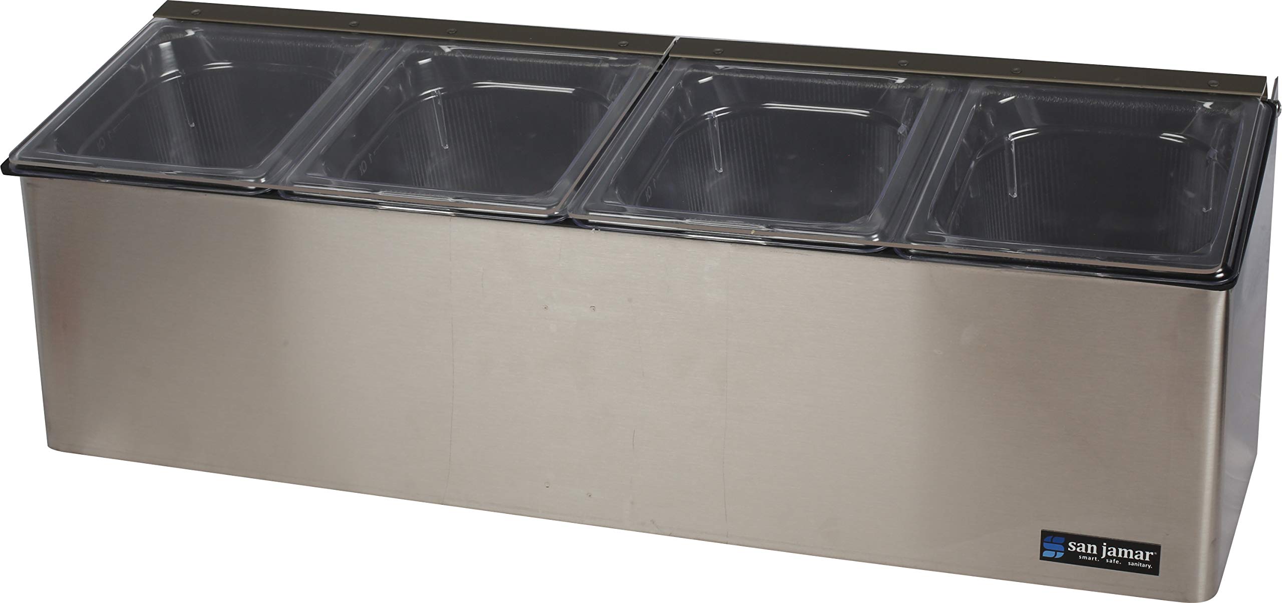 San Jamar Ez-Chill Food Prep Center Self-Service with Hinged Lid for Bars, Restaurants, And Kitchens, Stainless Steel, Four 1/6 Size Pans, Silver