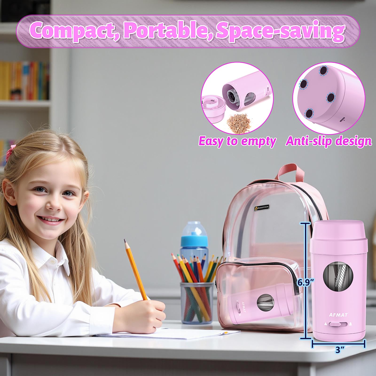 AFMAT PSX8 Sacapuntas eléctrico, entrada y salida automática, sacapuntas totalmente automático para lápices de colores, sacapuntas manos libres recargables para lápices de φ7-8 mm, bueno para el aula