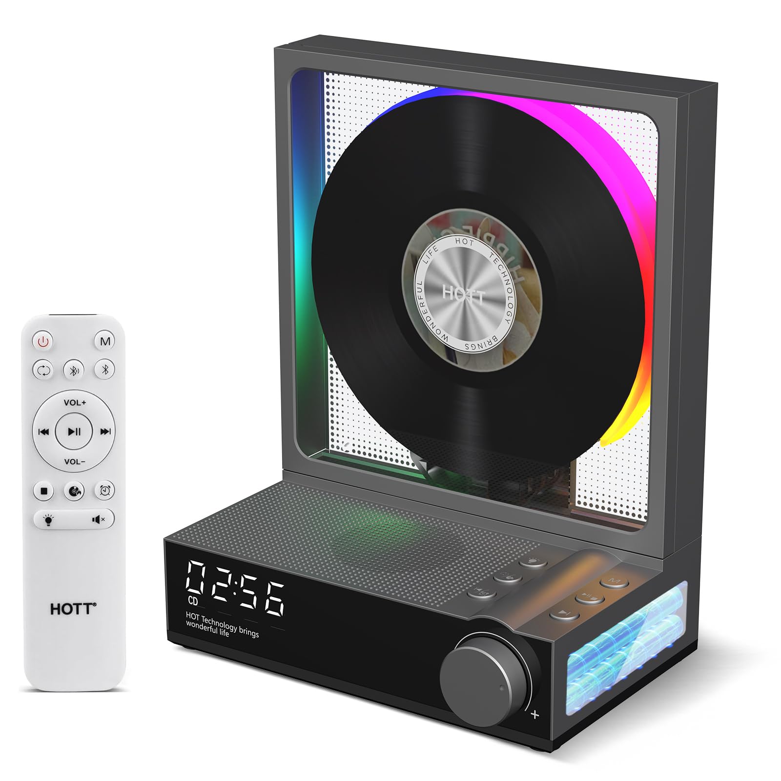 HOTT - Lettore CD portatile con telecomando, Bluetooth 5.3 Desktop CD con luci RGB, lettore CD con altoparlanti HiFi, supporta scheda TF, trascrizione, schermo LED, timer (grigio)