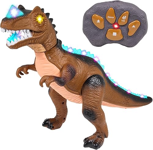 Kidplokio Juguetes de dinosaurio T Rex con control remoto RC para niños, luces LED, sonidos de color marrón, a partir de 3 años