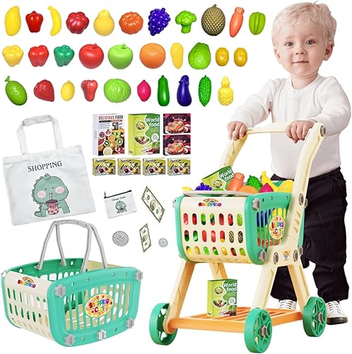 Carrito de compras para niños con comida de simulación y accesorios, carrito de compras de juguete para niños y bebés con alimentos de juego,