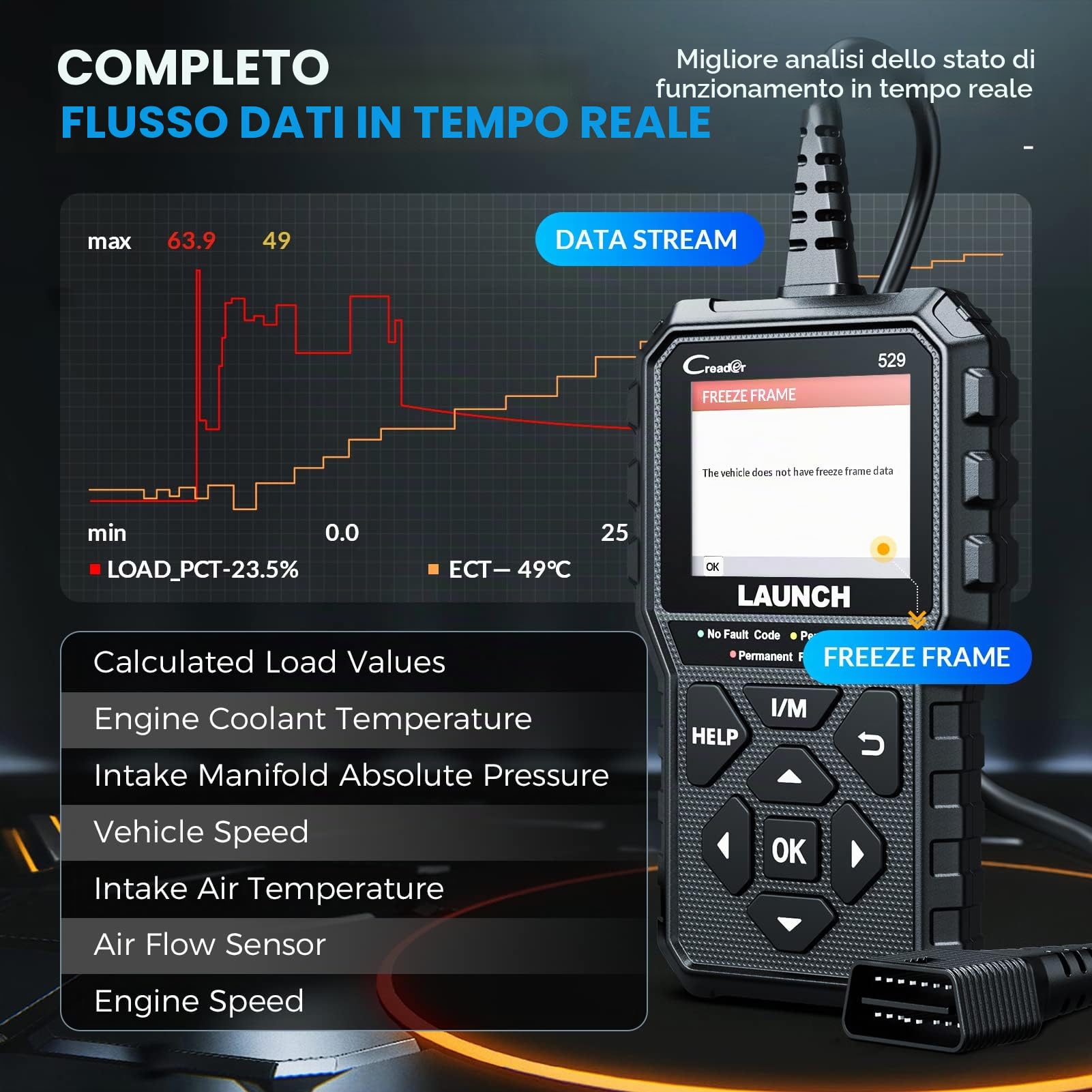 LAUNCH CR529 OBD2 Diagnostica Lettore Codici Test Smog O2 EVAP | Controllo smog con un clic, spegnimento spia motore, dati grafici, plug&play, ampia compatibilità