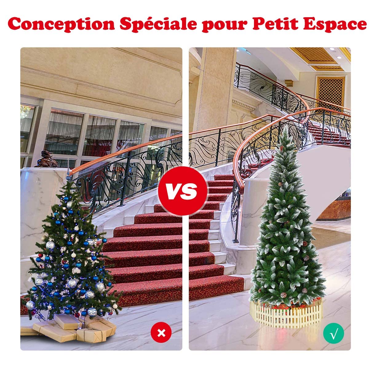 GYMAX Sapin de Noël 180cm Artificiel Mince avec 29 Pommes de Pin Décoratives, 630 Branches Recouvertes de Neige, Support Métal, pour Maison, Magasin, Café