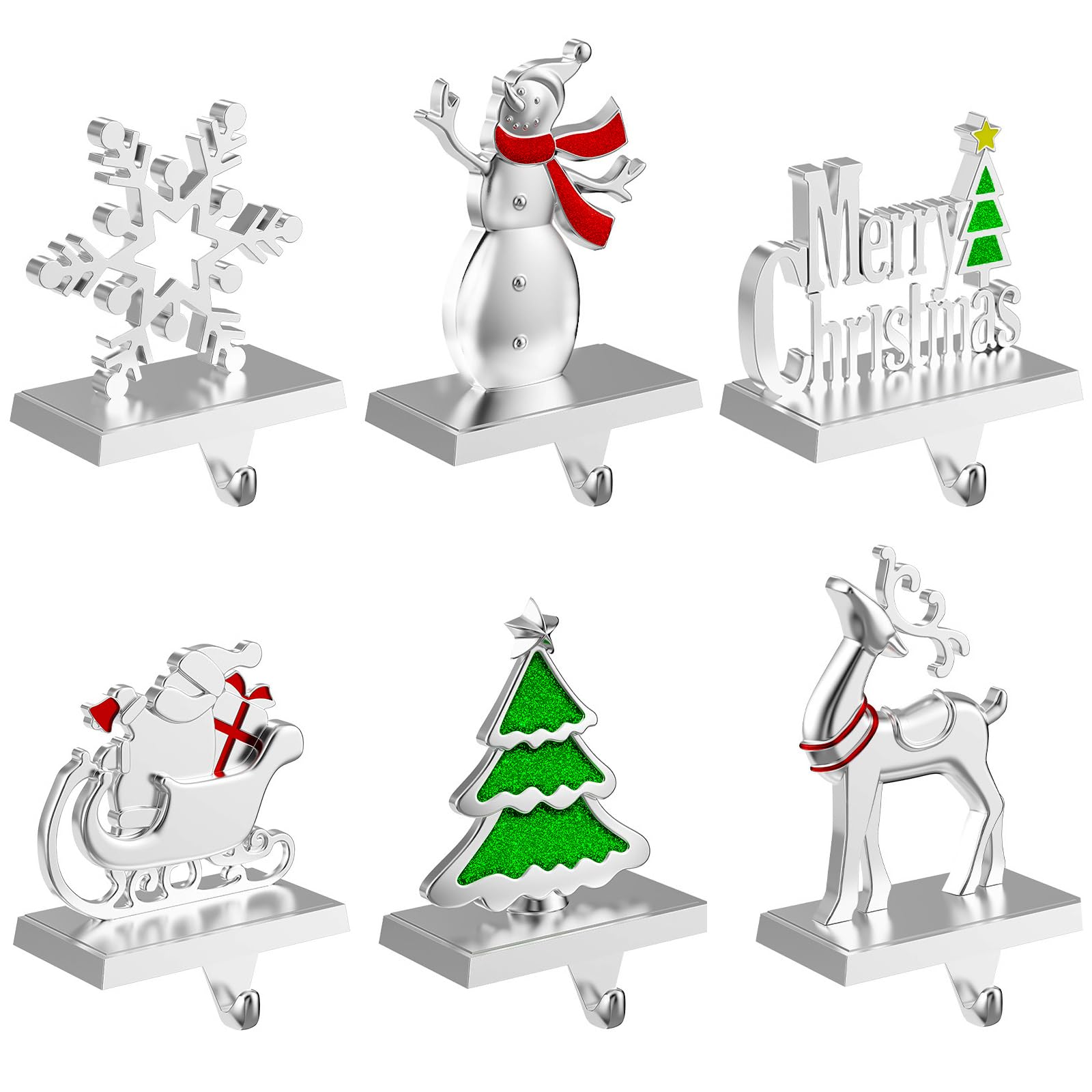 Lot de 6 supports de chaussettes de Noël pour cheminée - Crochets lourds pour cheminée, fenêtres, décorations d'intérieur - Argenté