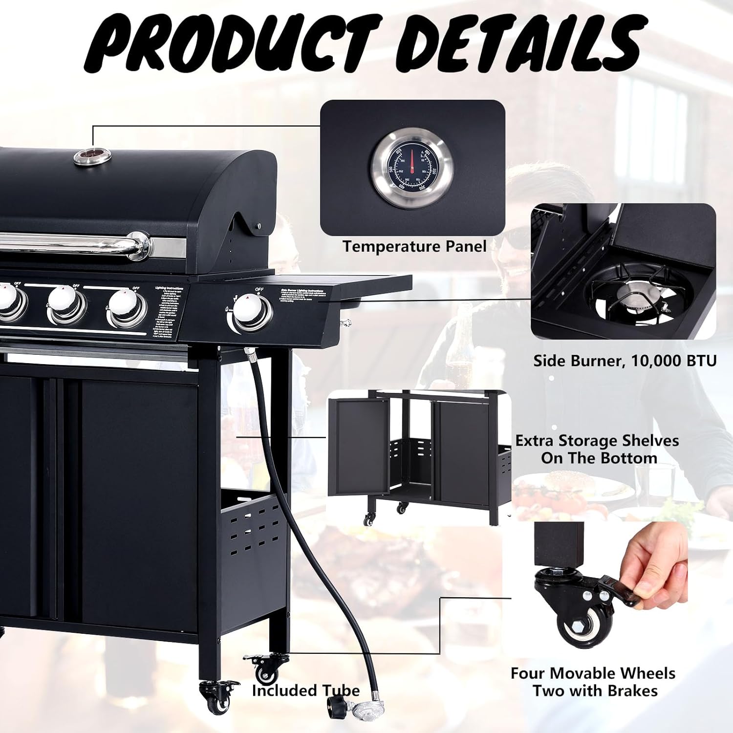 4-Burner Propane Gas Grill with Side Burner - Stainless Steel BBQ Grill Outdoor with Porcelain-Enameled Cast Iron Grates,50,000 BTU Barbecue Grills for Patio, Cooking Kitchen, Backyard Garden