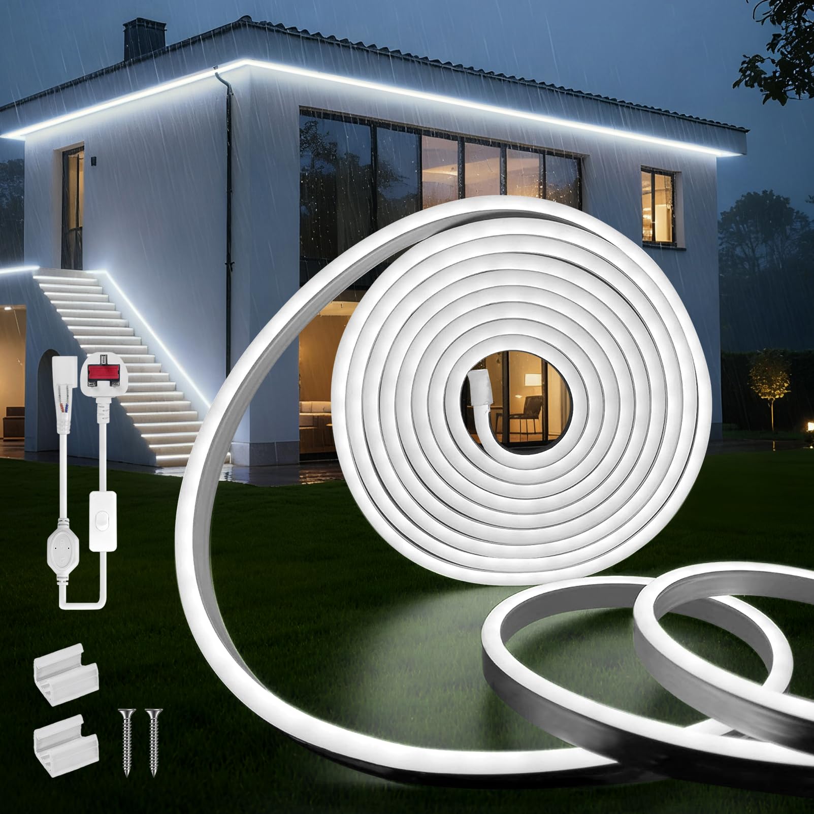 SUCIKORIO Neon Led Strip Light 10m /32.8ft, Flexible LED Strip Lights Cold White 6000K Cuttable Waterproof IP65 Neon Rope Light 220-240V DIY LEDs Lights with Power Supply for Bedroom, Indoor & Outdoor — image 1