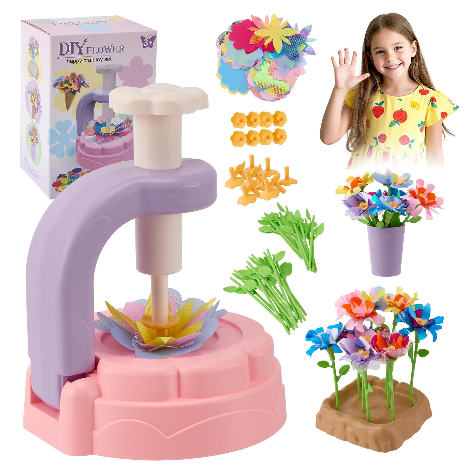 Kit Activité Manuelle Enfant Activite Manuelle Enfant 3 Ans Set de Fabrication de Fleurs en Tissu avec Machine à Fleurs et Vase Bricolage Enfant pour Bouquets Cadeau Anniversaire Filles 3-9 Ans