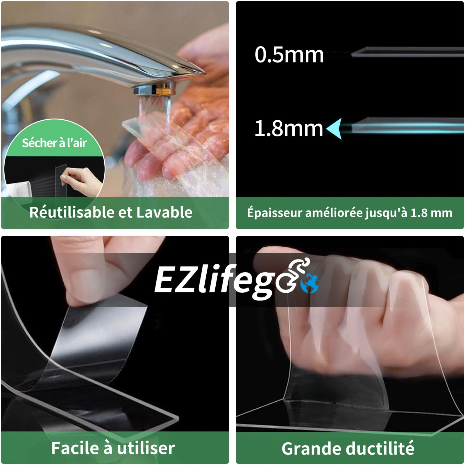 Nano-Ruban Adhésif Double Face Puissant Réutilisable Transparent 3 Mètres