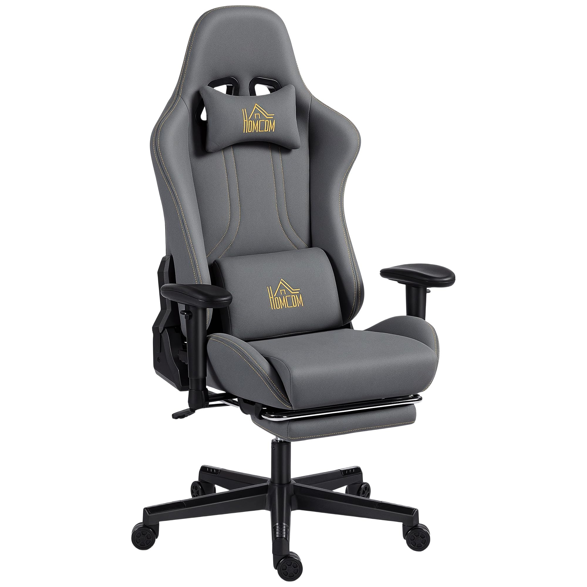 HOMCOM Gaming Stuhl Ergonomischer mit Fußstütze Kopfkissen Dunkelgrau | Wildlederimitat Gamer Stuhl, Lendenkissen, Gaming Sessel, 3D Armlehnen, Höhenverstellbar Bürostuhl