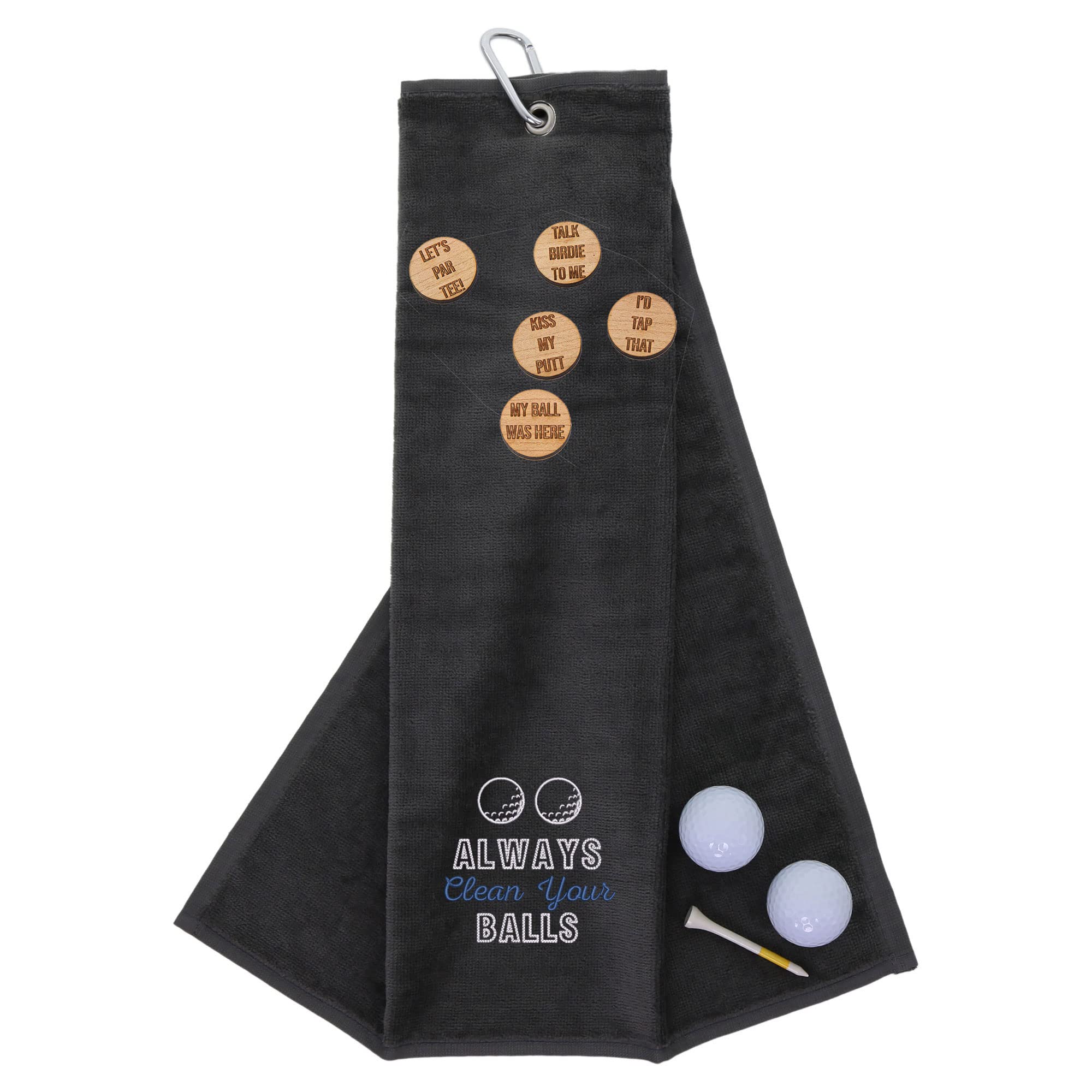 Funny Trifold Golf Towel and Comedy Wooden Ball Marker Set Gift for Men, Carabiner Clip for Golf Bags, Clean Your Balls, Grey