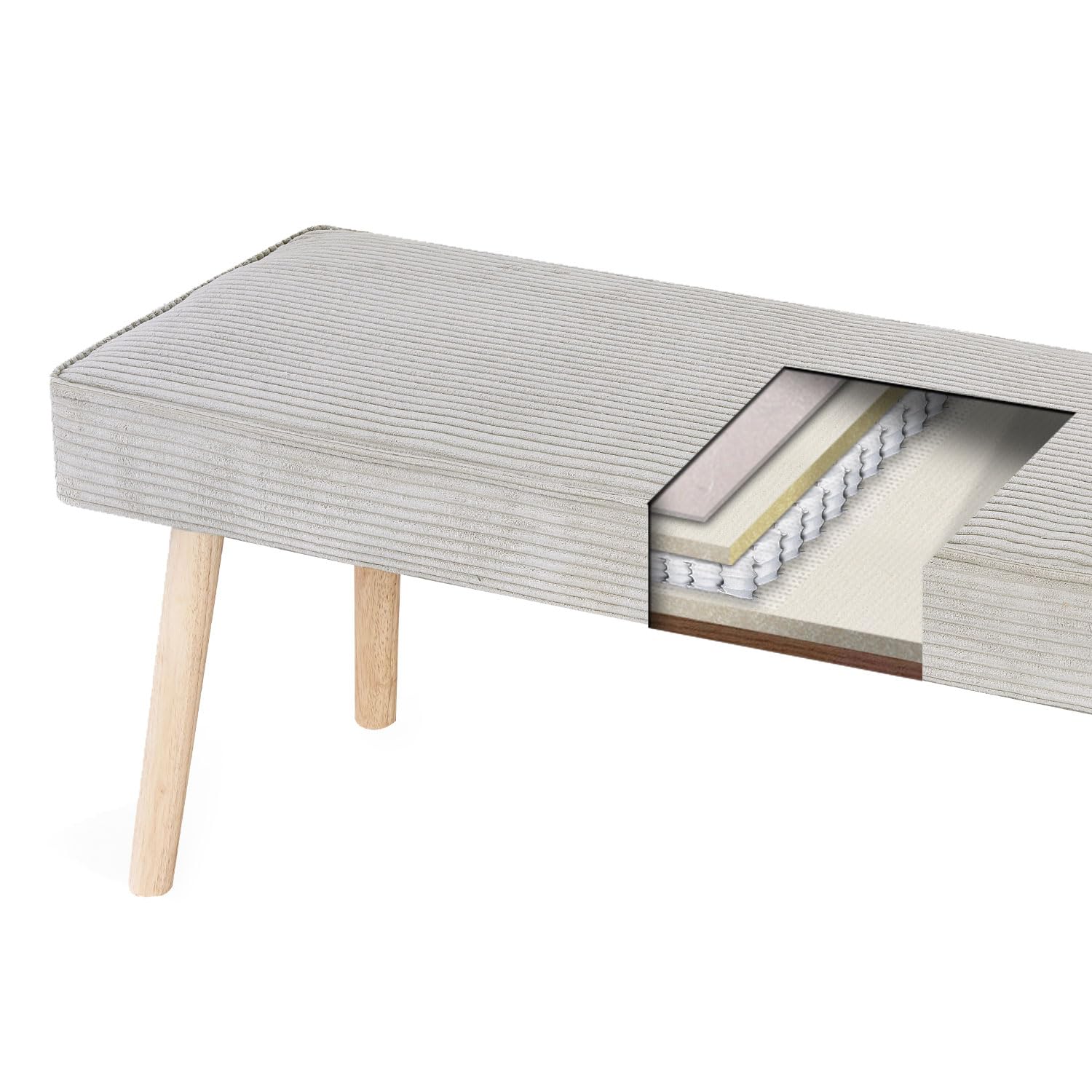 Esszimmerbank EMIL 160 cm – Sitzbank ohne Rückenlehne aus Kordstoff in Grau – Gepolsterte Bank mit Federkern – Massivholzbeine im skandinavischen Design – Ideal für Esszimmer, Flur oder Garderobe
