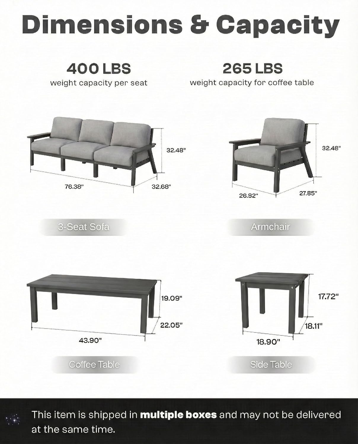 Patio Furniture Set 8 Seats, 4-Seater and 2-Seater Outdoor Sofas with Gray Washable Thick Cushions, Patio Conversation Sets for Lawn, Garden, Porch, Balcony, Deck (Grey Frame)