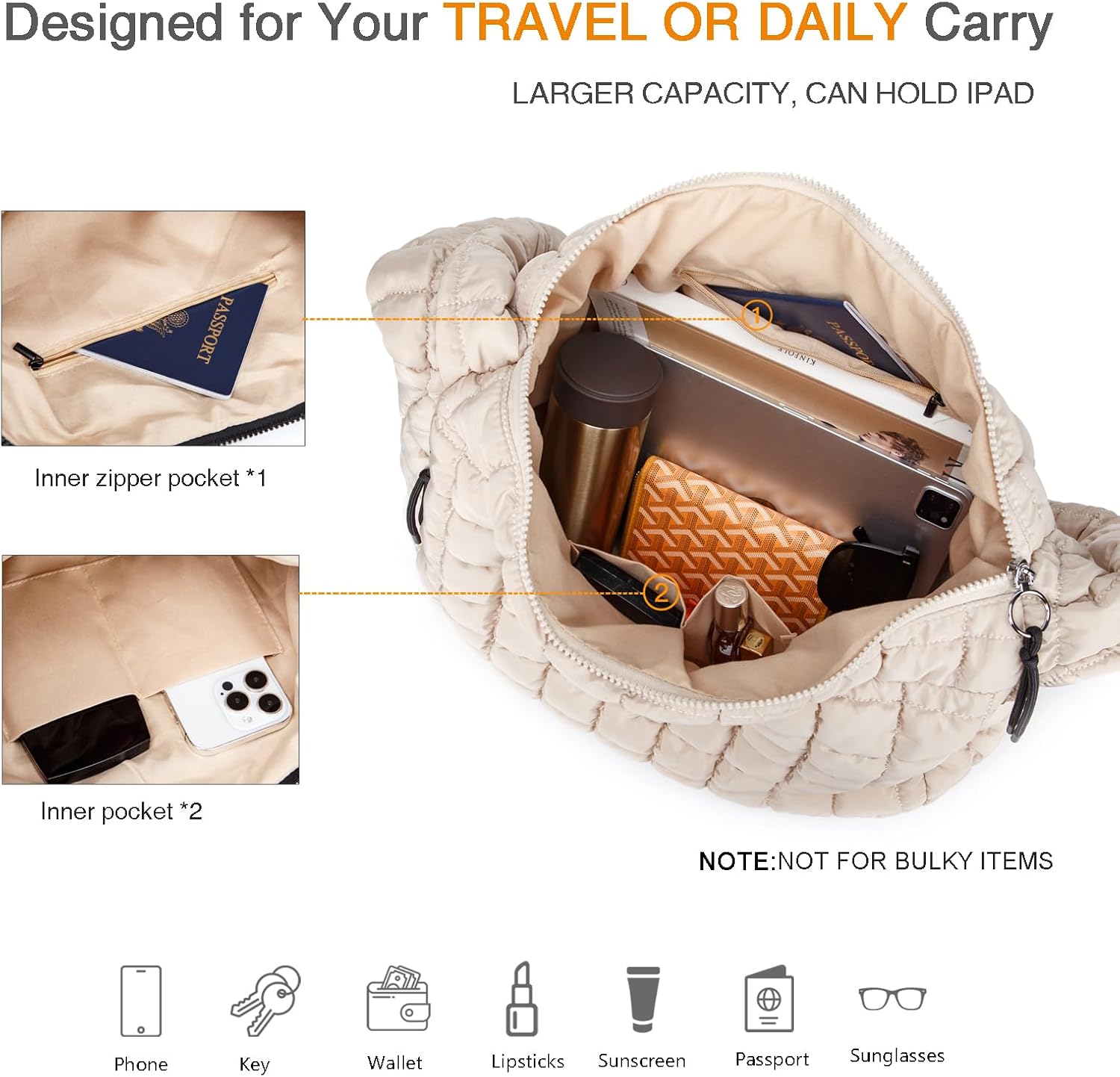 Quilted Puffer Tote Bag for Women Large Puffy Carryall Crossbody Shoulder Purse, Lightweight Travel Nylon Hobo Bag - Image 5