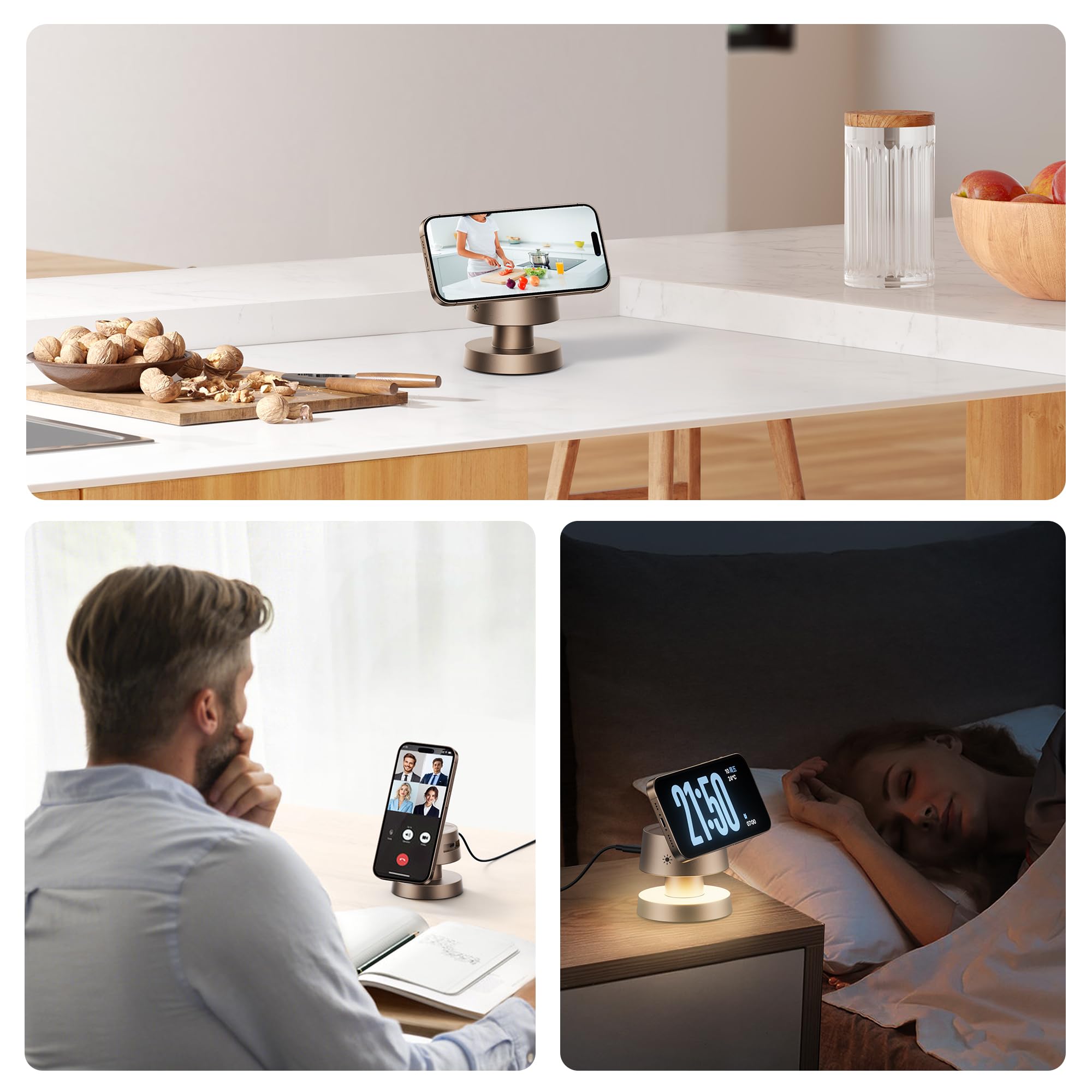 Station de charge magnétique sans fil 4 en 1, charge rapide de 15 W avec veilleuse réglable, station de charge magnétique sans fil pour iPhone 16, 15, 14, 13, 12 Pro Max et Apple Watch, AirPods 3/2/1