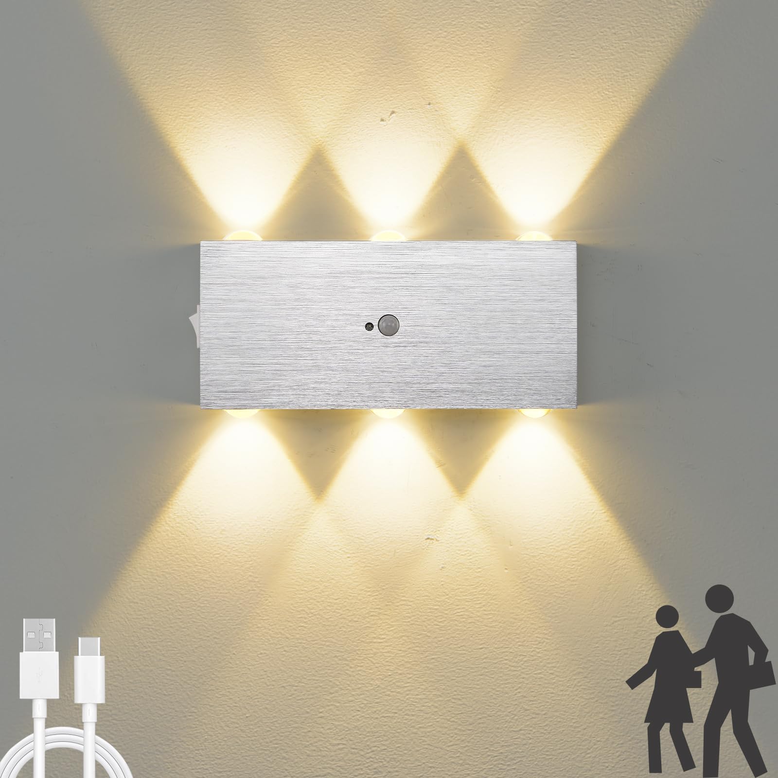 VOMI Wandleuchte Ohne Stromanschluss, LED Wandlampe Akku mit Bewegungsmelder USB Aufladbare 4000 mAh Batterie Innen Kabellos Magnetische Wandbeleuchtung für Schlafzimmer Treppe Beleuchtung